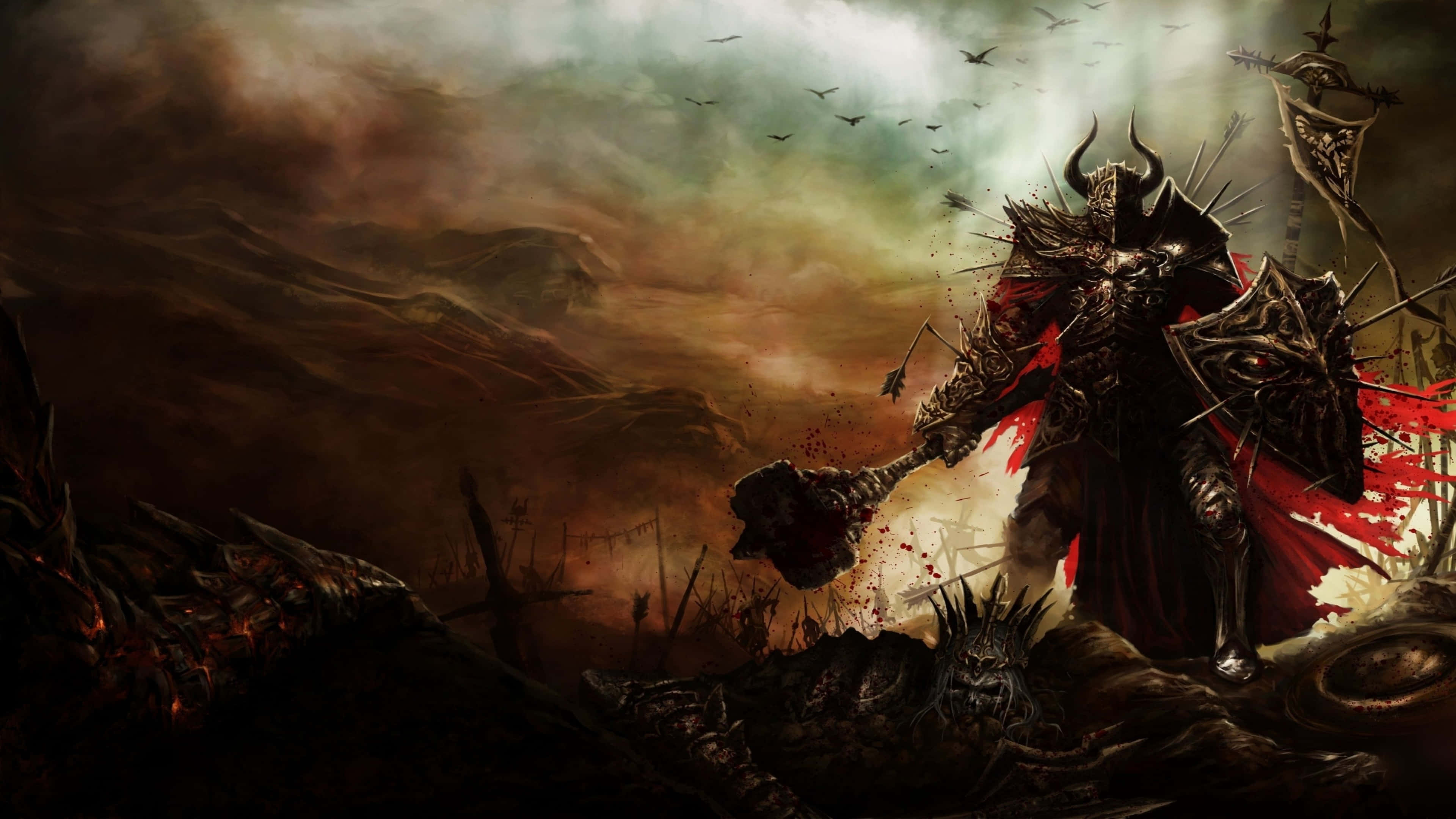 Diablo 4K, dark armored knight, horns, 4K Desktop Wallpaper