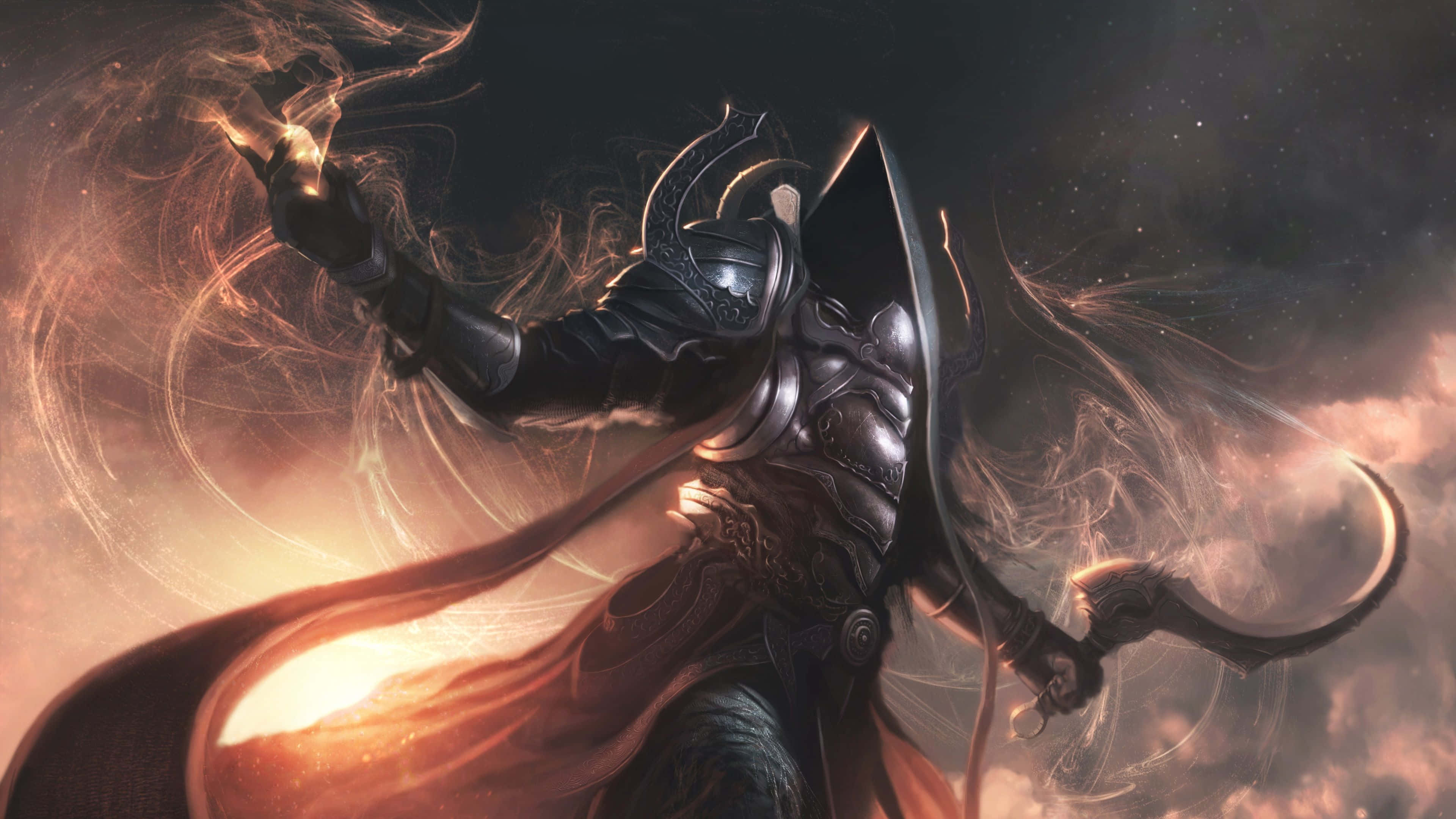 Diablo 4K, dark armored warrior, flowing cape, 4K Desktop Wallpaper