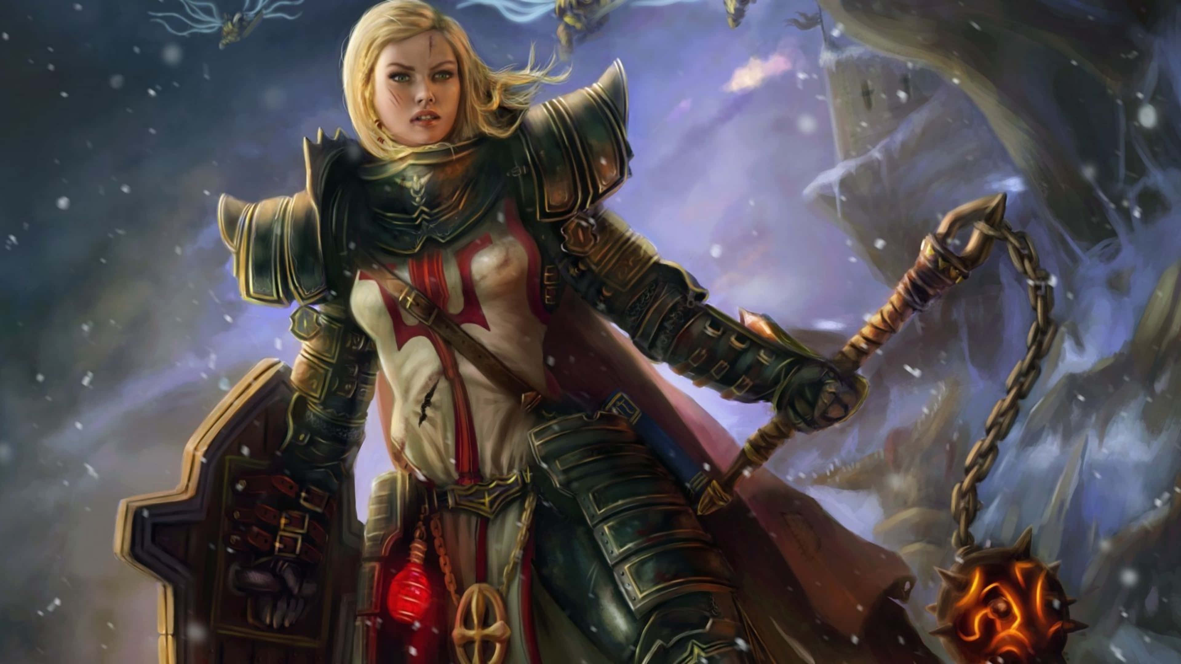 Diablo 4K, flaming mace, armored warrior woman, 4K Desktop Wallpaper