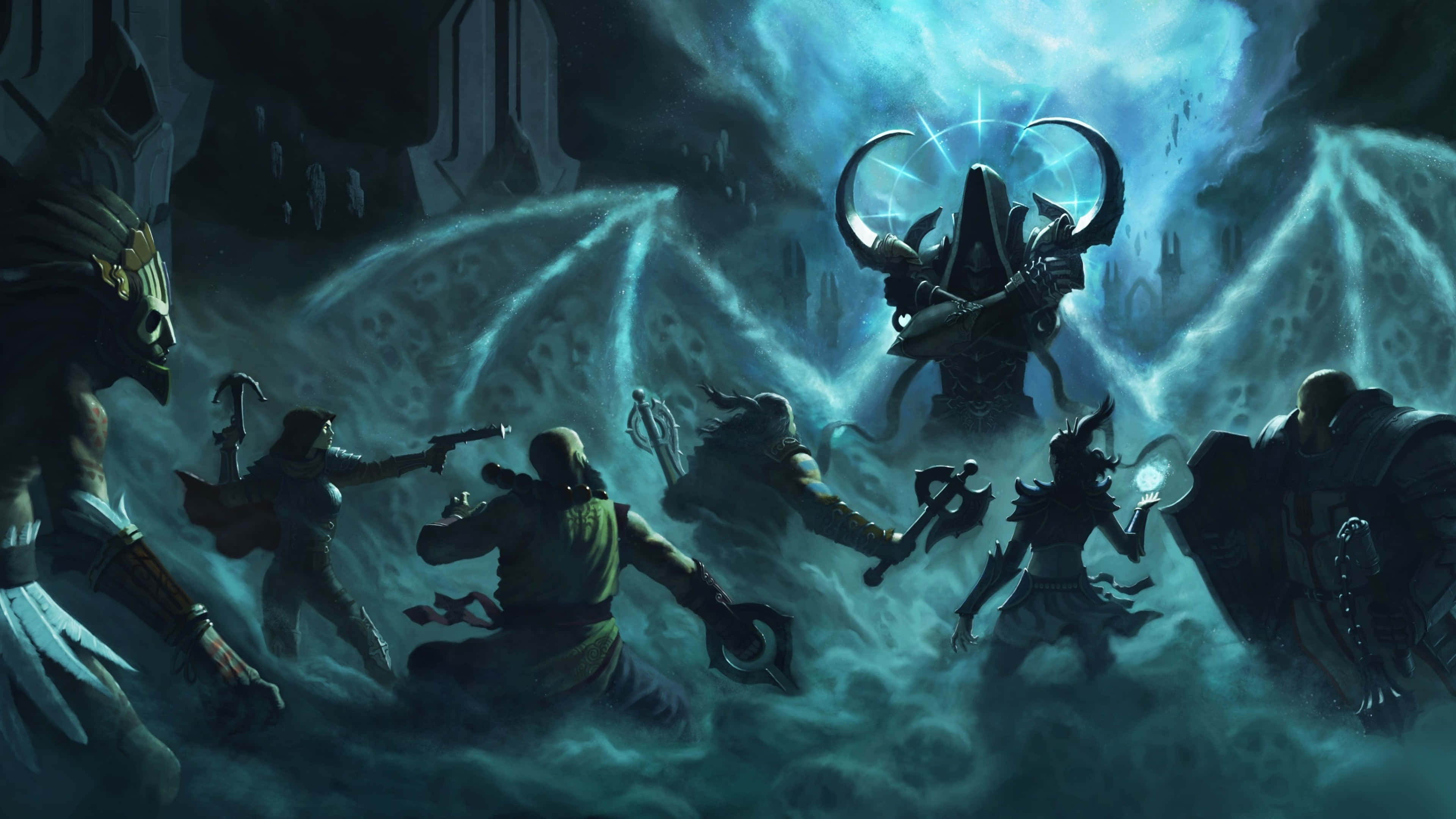 Diablo, warriors in dark armor, towering horned demon, 4K Desktop Wallpaper