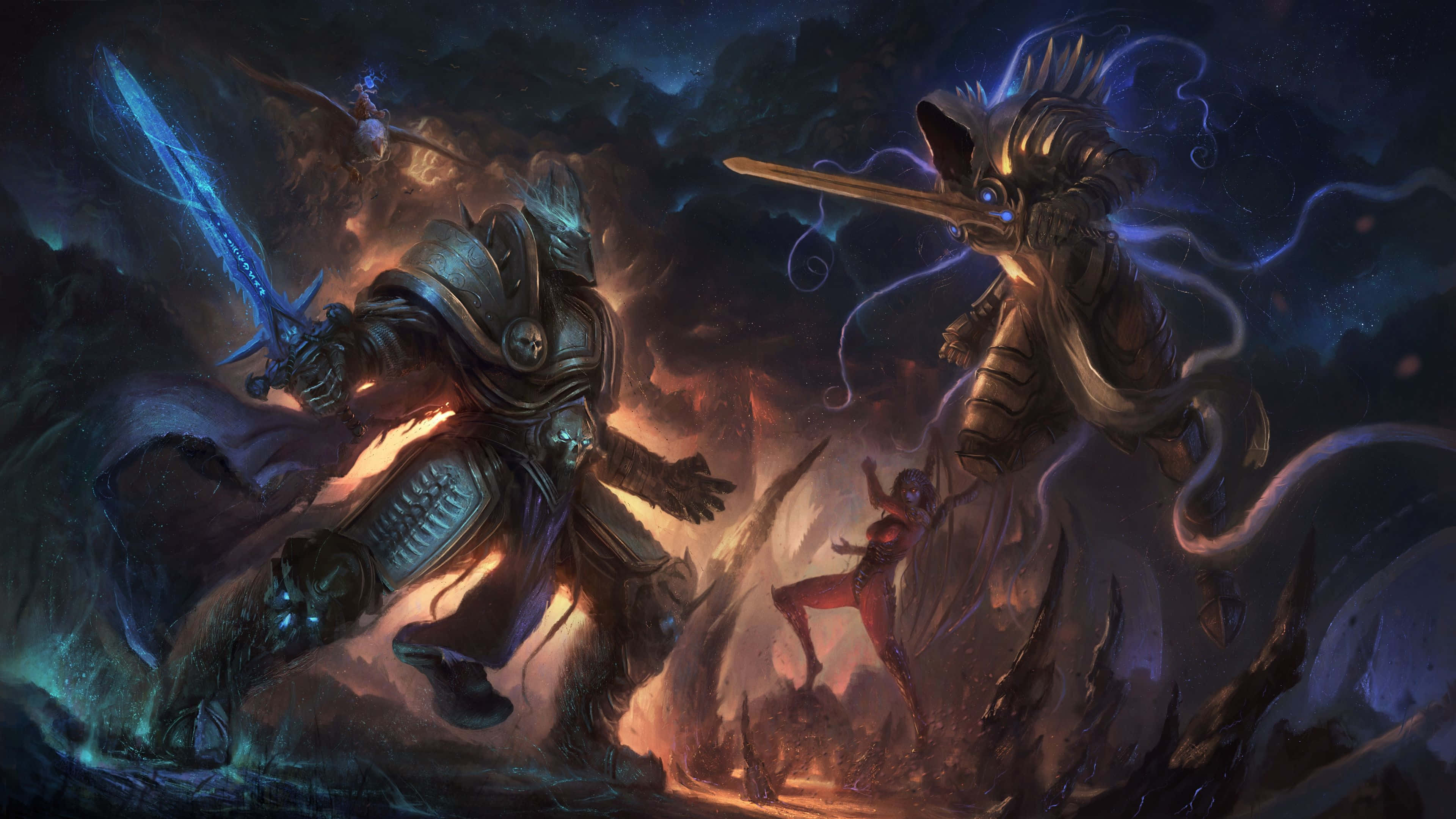 Diablo 4K, armored warriors, fiery fantasy battle, 4K Desktop Wallpaper