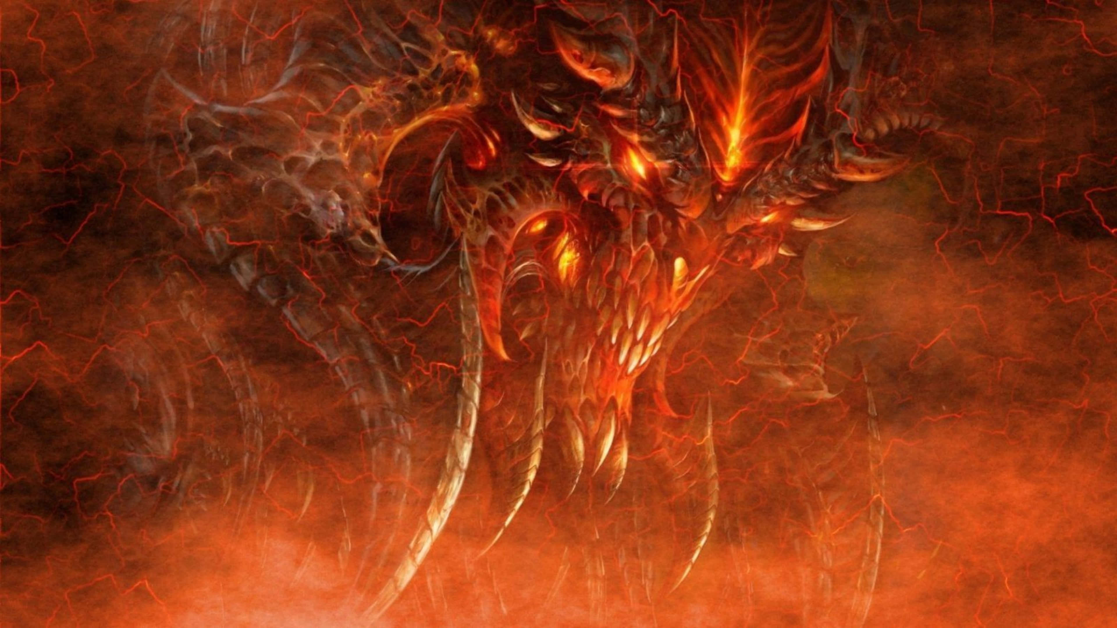 Diablo 4K, fiery dragon, glowing eyes, 4K Desktop Wallpaper