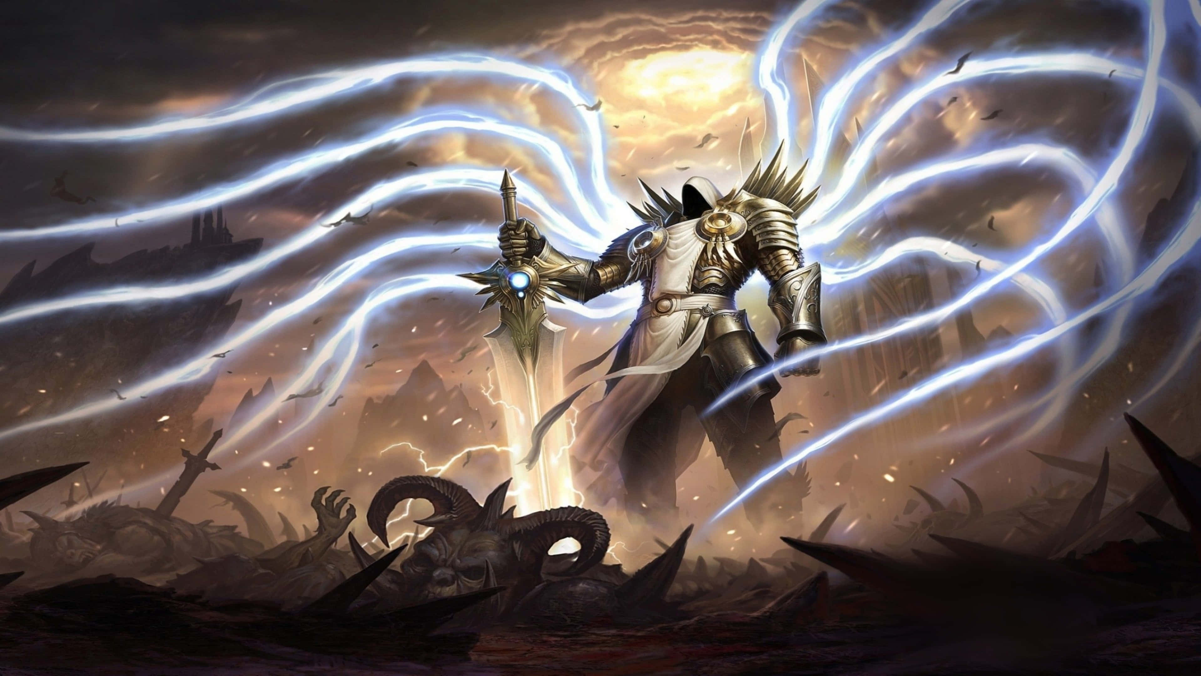 Diablo 4K, armored warrior, glowing sword, 4K Desktop Wallpaper