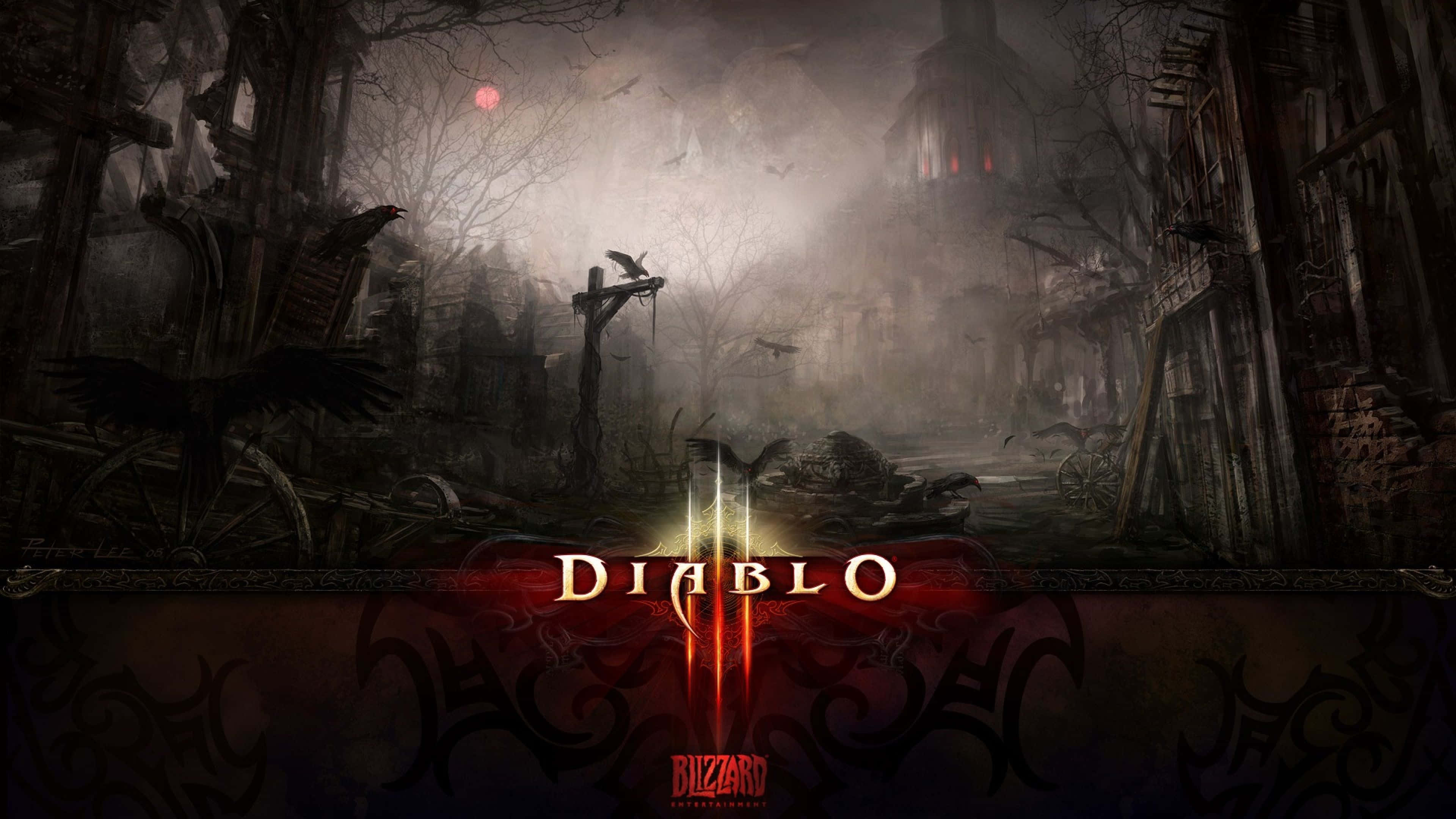Diablo 4K, dark gothic village, crumbling buildings, 4K Desktop Wallpaper