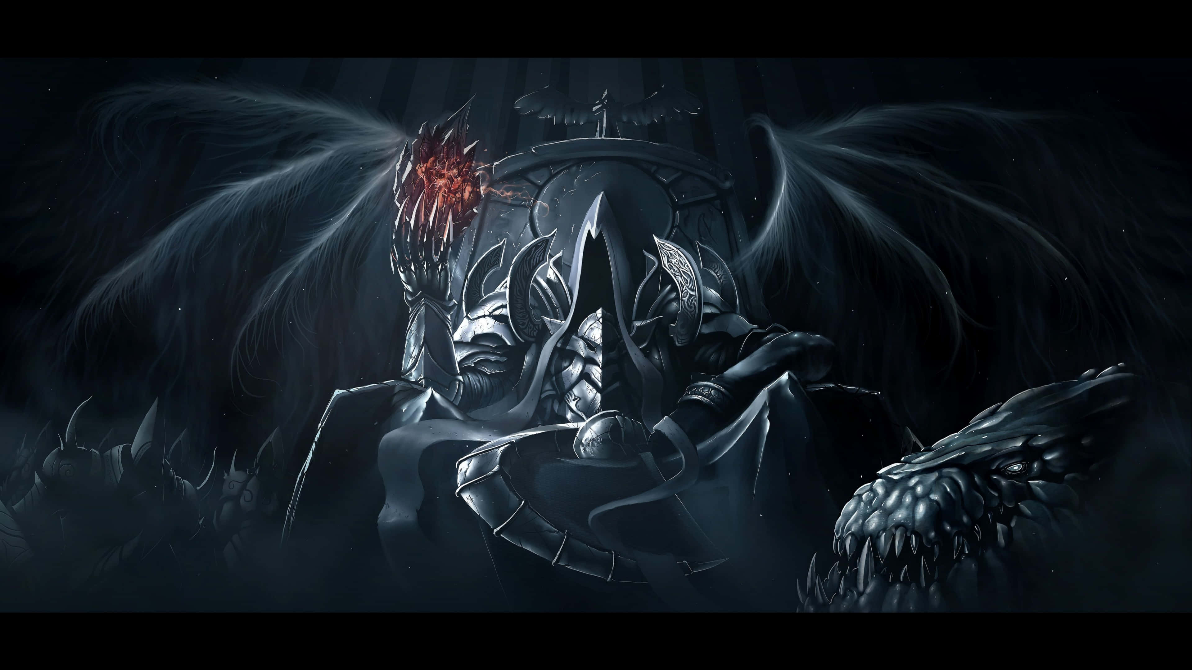 Diablo 4K, dark armored figure, glowing red eyes, 4K Desktop Wallpaper