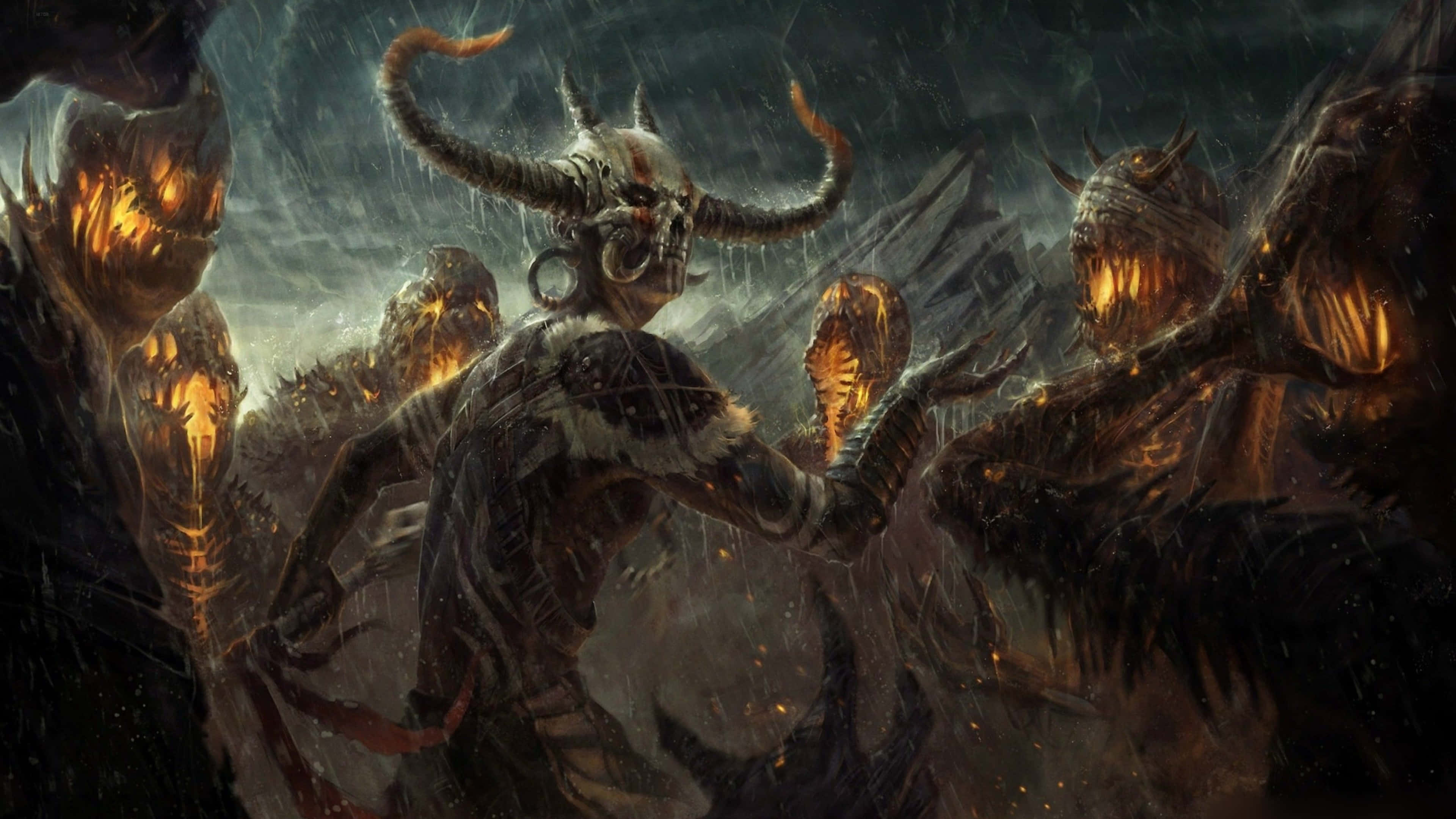 Diablo 4K, horned demonic figure, glowing eyes, 4K Desktop Wallpaper
