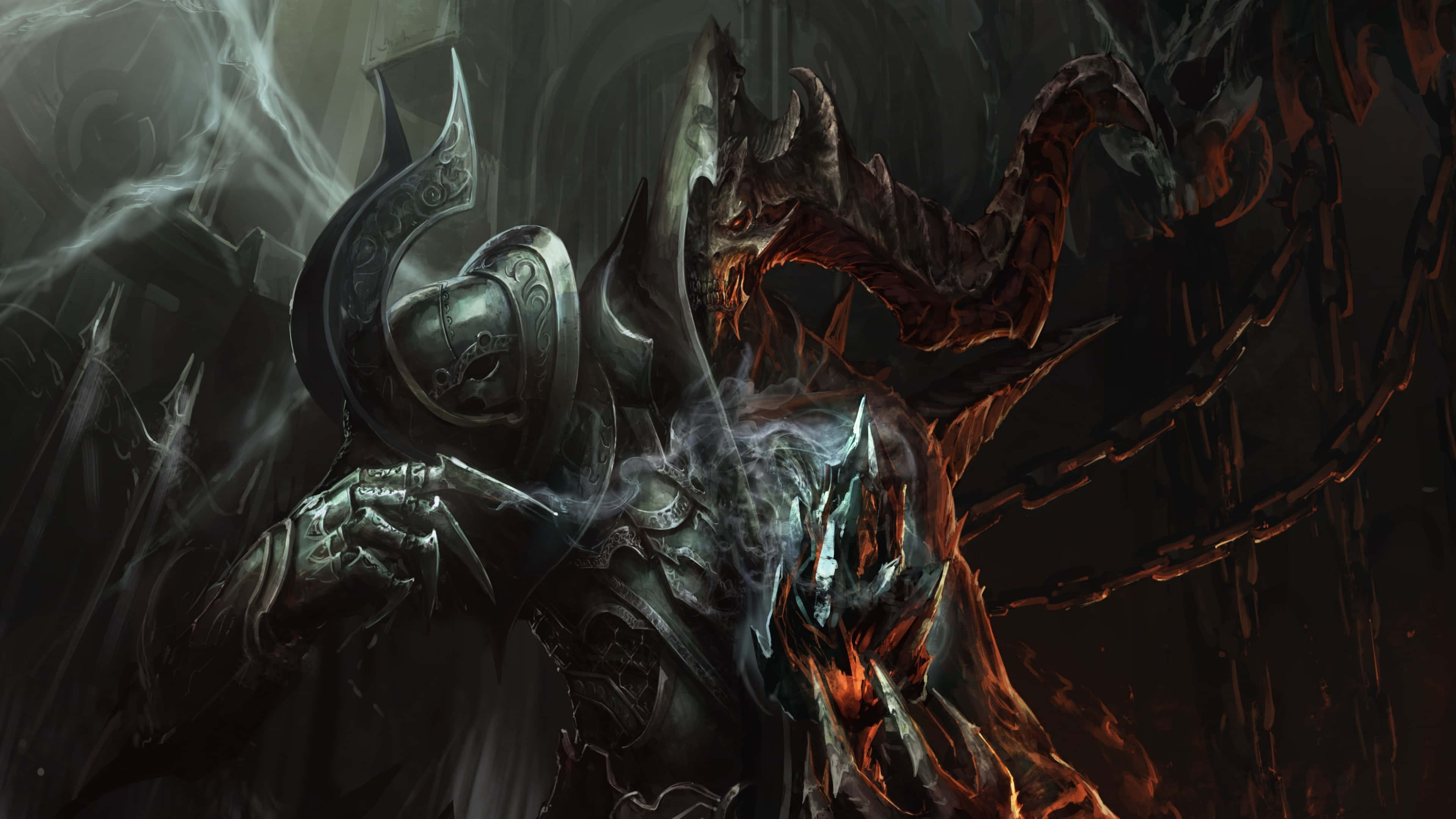 Diablo 4K, dark knight, fiery demonic creature, 4K Desktop Wallpaper