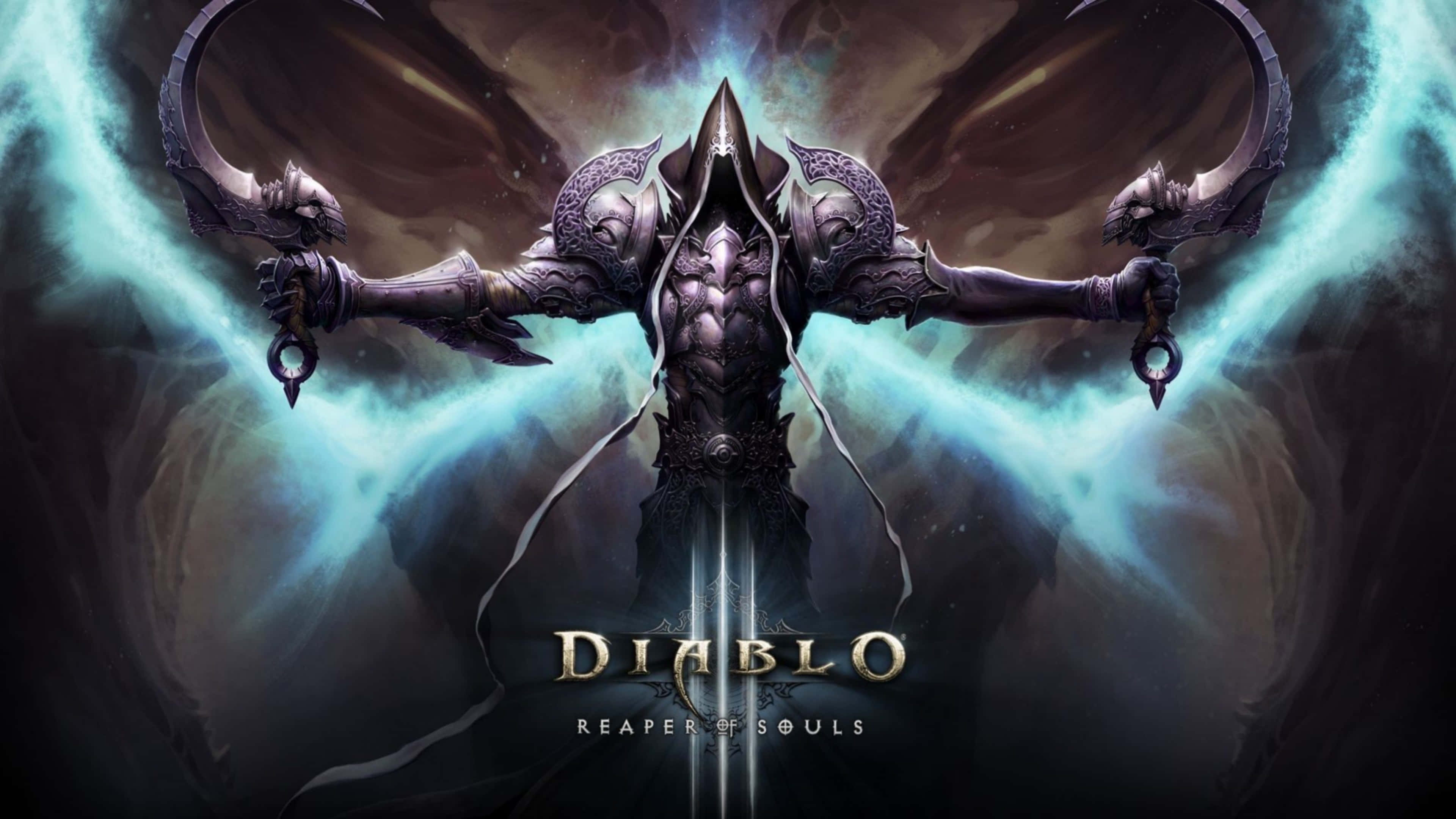 Diablo 4K, dark armored demon, glowing blue energy wings, 4K Desktop Wallpaper