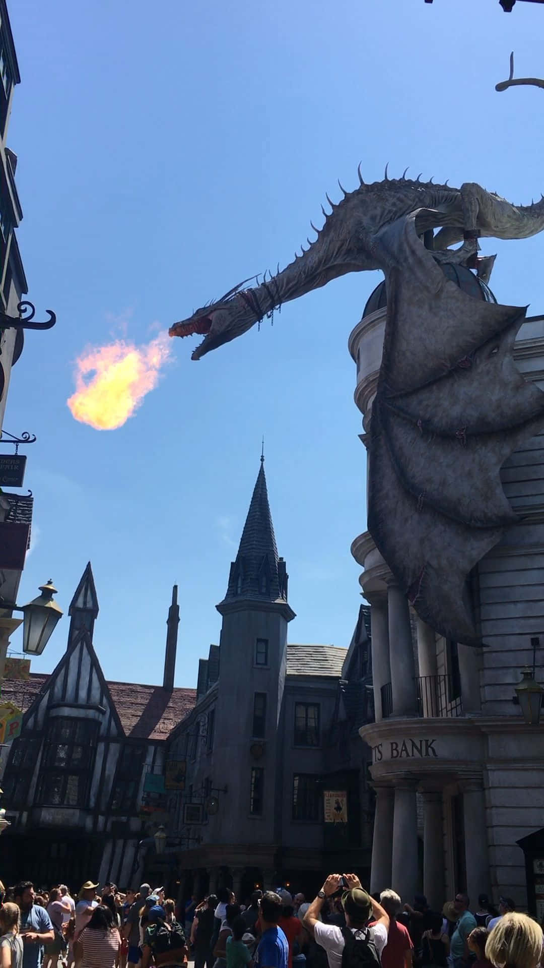 Diagon Alley, dragon sculpture, medieval-themed street, Full HD Phone Wallpaper
