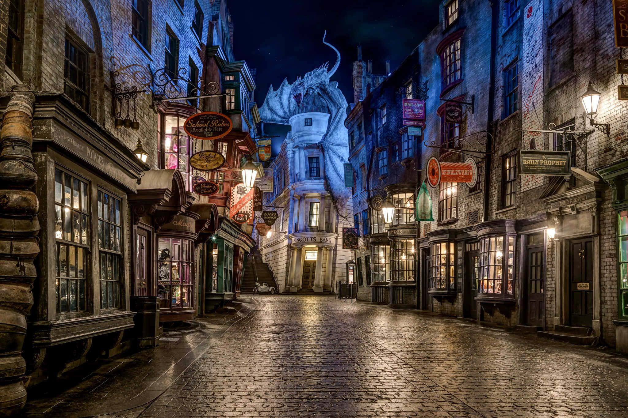Diagon Alley, cobblestone street, night, Full HD Desktop Wallpaper