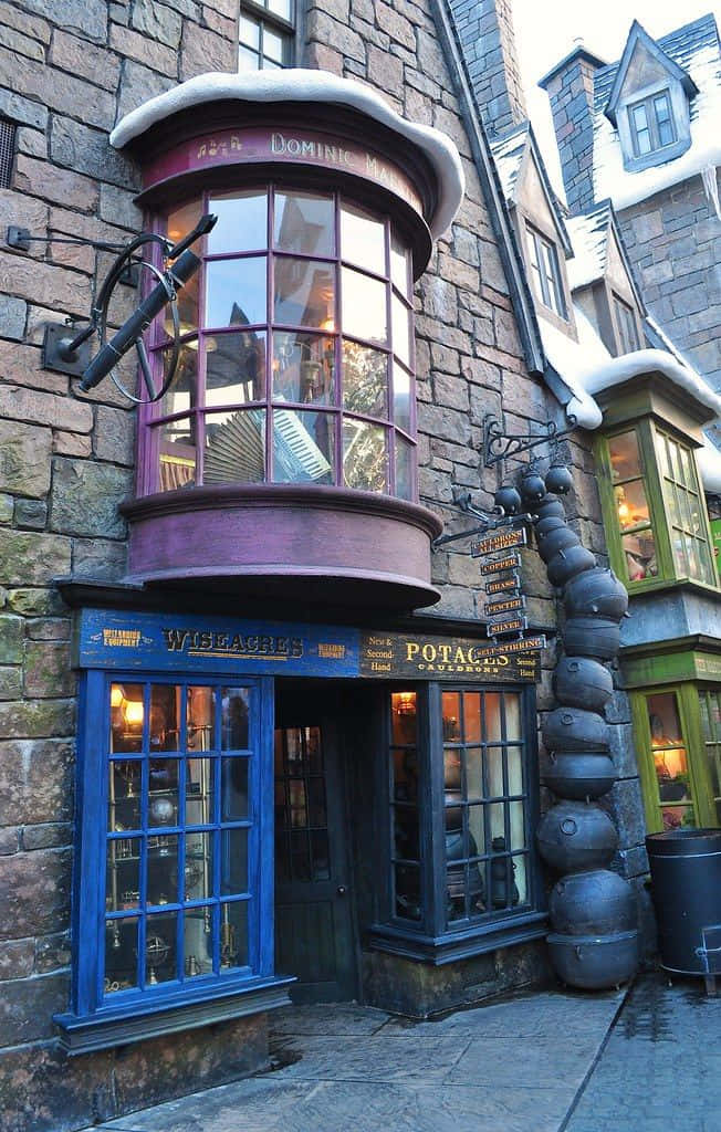 Diagon Alley, whimsical wizarding shop, purple bay window, SD Phone Wallpaper