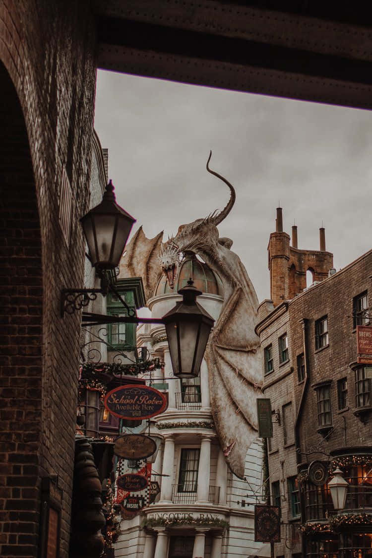 Diagon Alley, dragon, cobblestone street, SD Phone Wallpaper