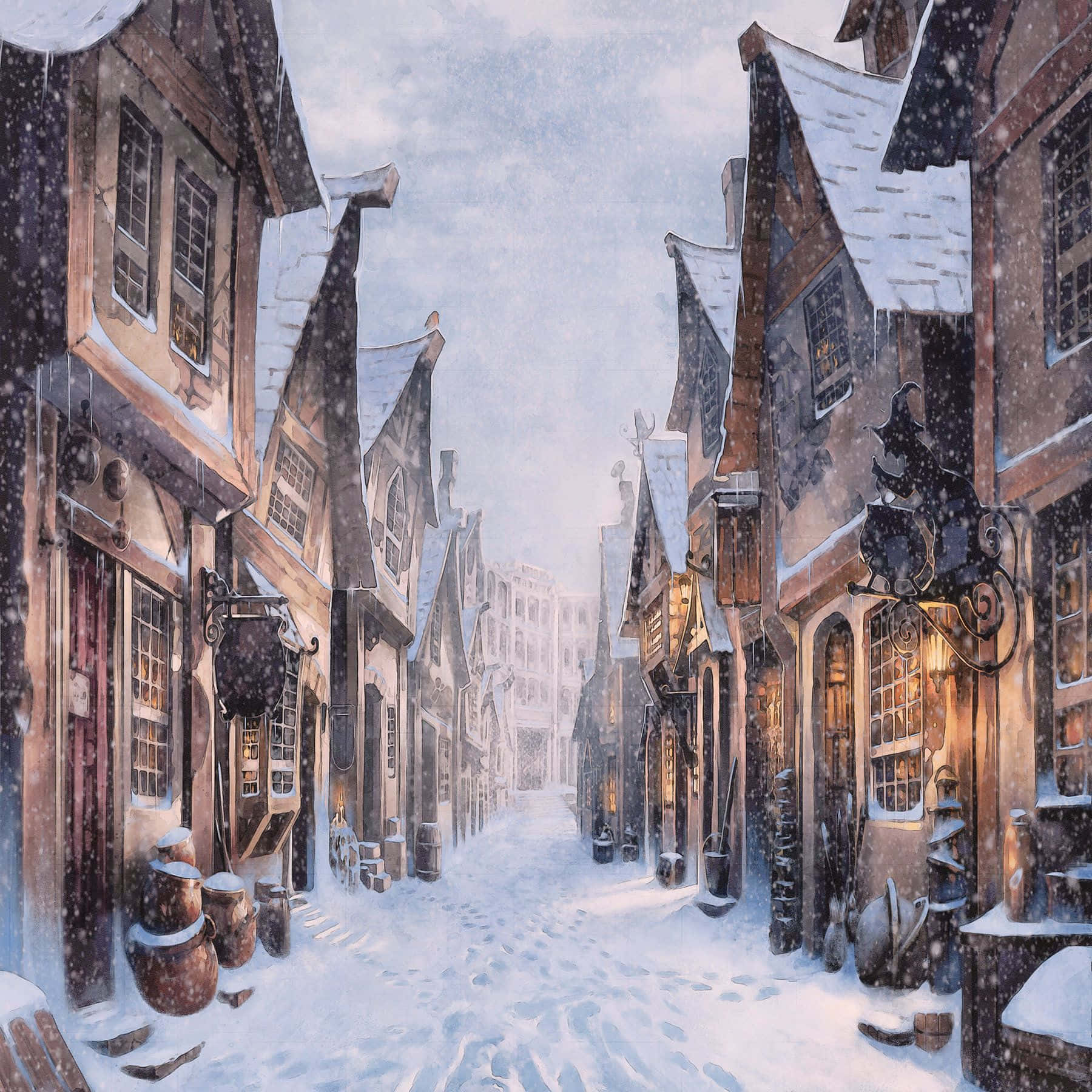 Diagon Alley, evening, snow, HD Desktop Wallpaper