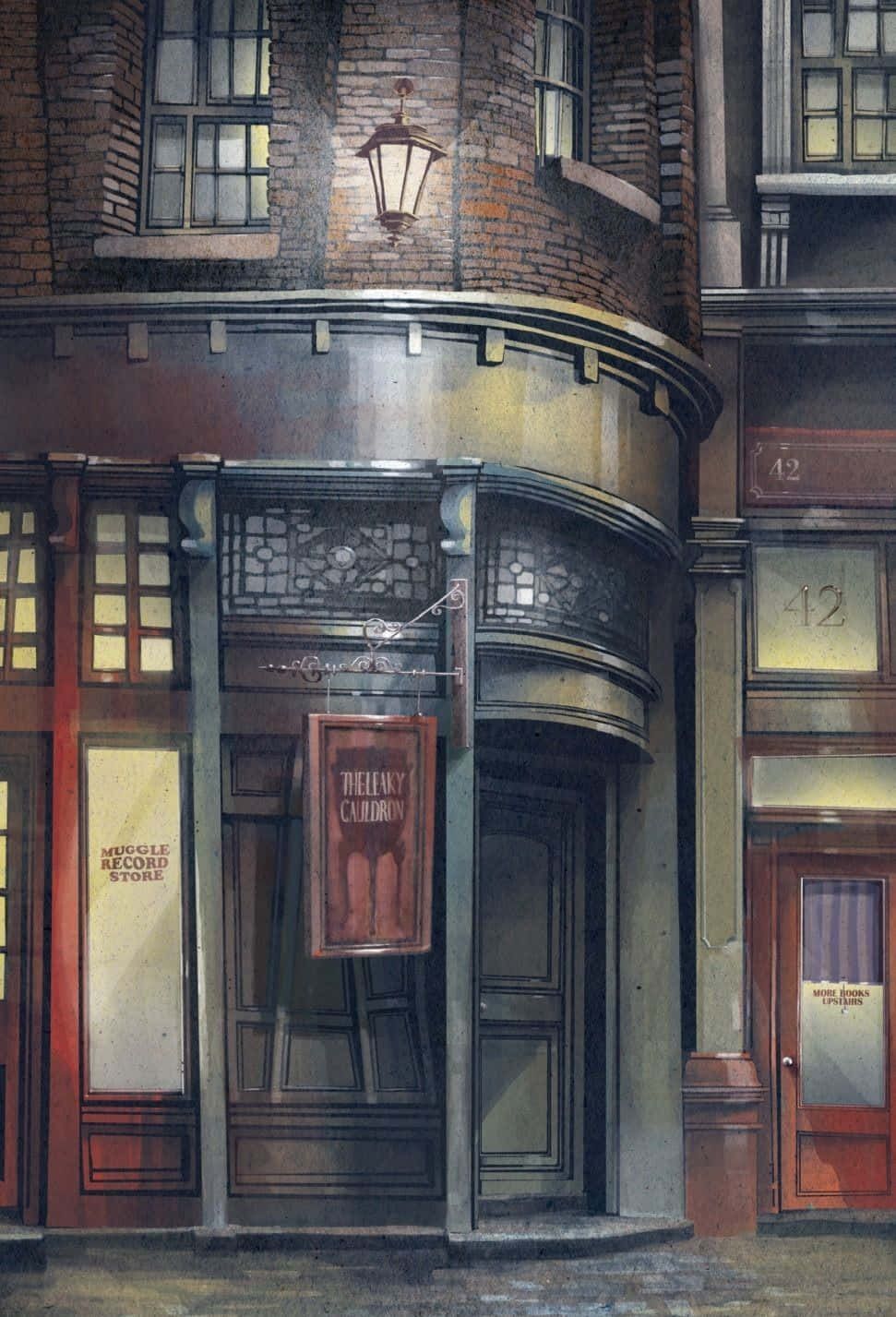 Diagon Alley, rainy night, curved brick building, HD Phone Wallpaper