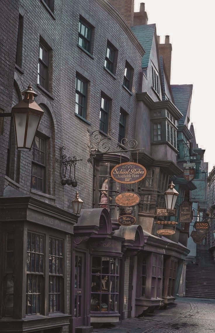 Diagon Alley, cobblestone street, old brick buildings, SD Phone Wallpaper
