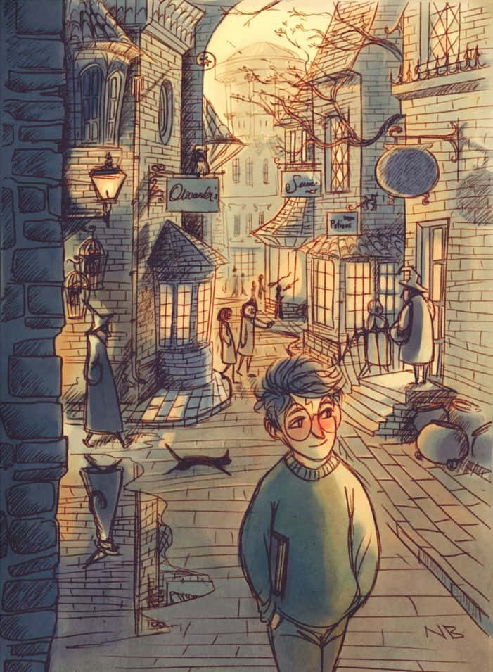 Diagon Alley, golden hour, cobblestone street, SD Phone Wallpaper