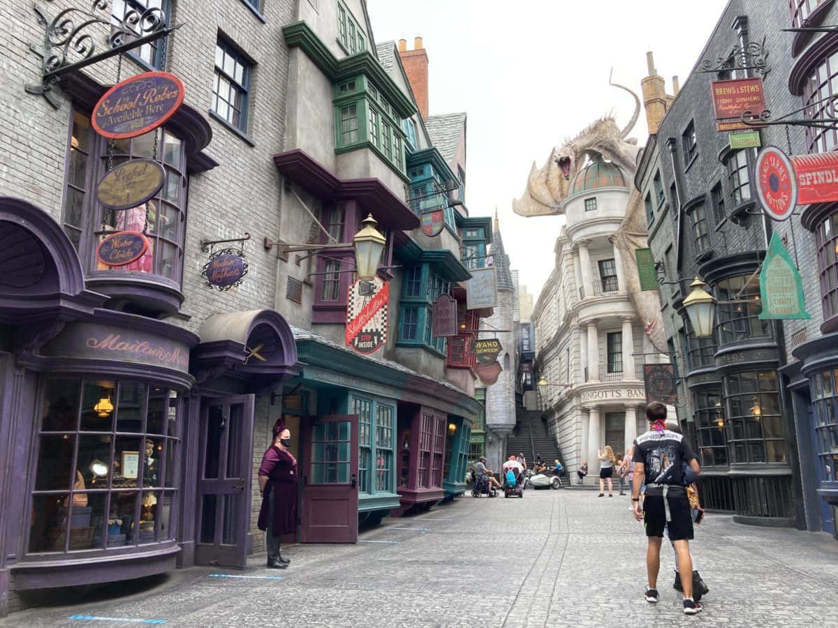 Diagon Alley, cobblestone street, whimsical wizarding shops, SD Desktop Wallpaper