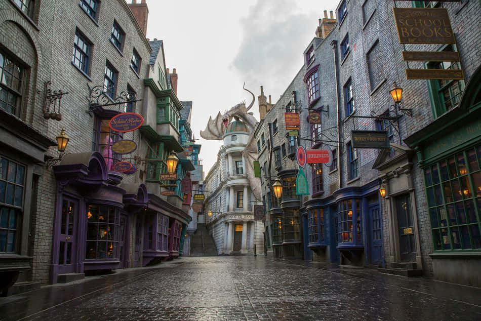 Diagon Alley, cobblestone street, colorful wizarding shops, SD Desktop Wallpaper