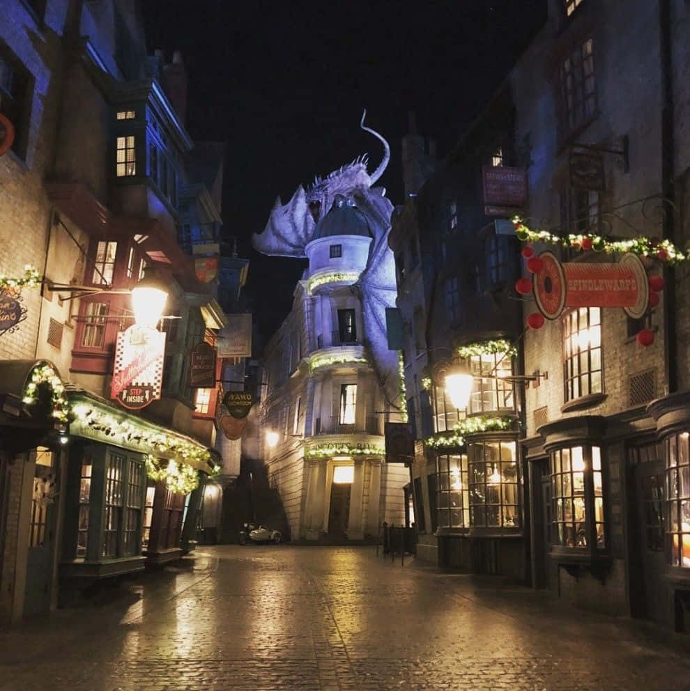 Diagon Alley, cobblestone street, warm lanterns, SD Phone Wallpaper