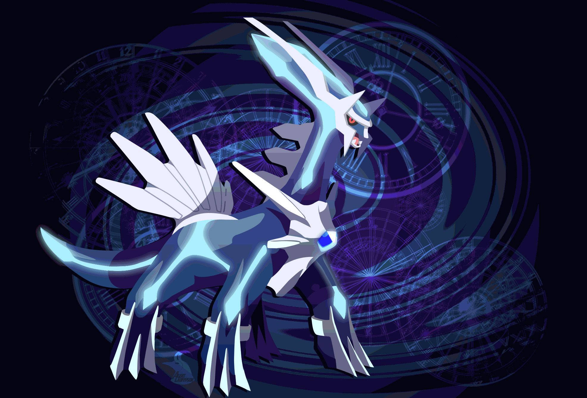 White-Blue Dialga, glowing blue and white dragon, red eyes, Full HD Desktop Wallpaper