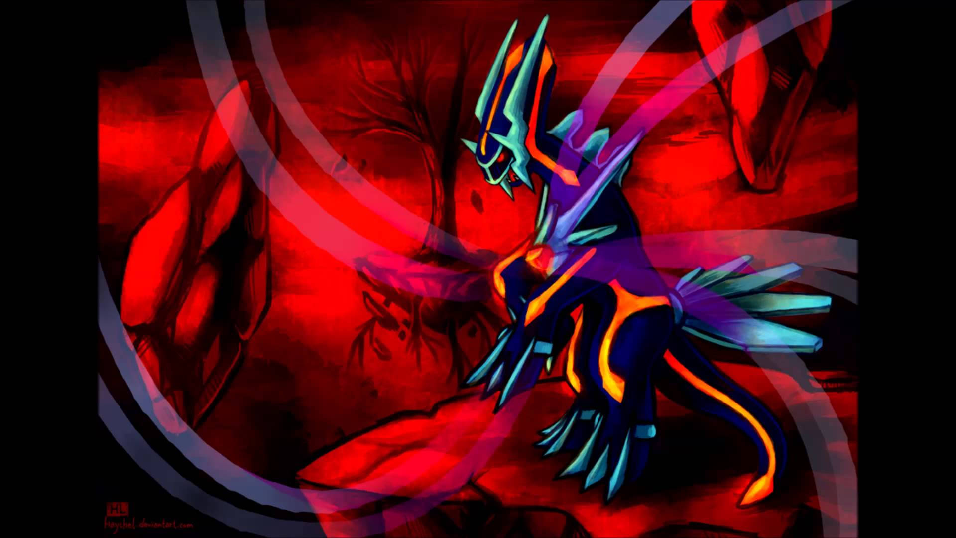Red Dialga, glowing blue and orange, dragon-like creature, Full HD Desktop Wallpaper