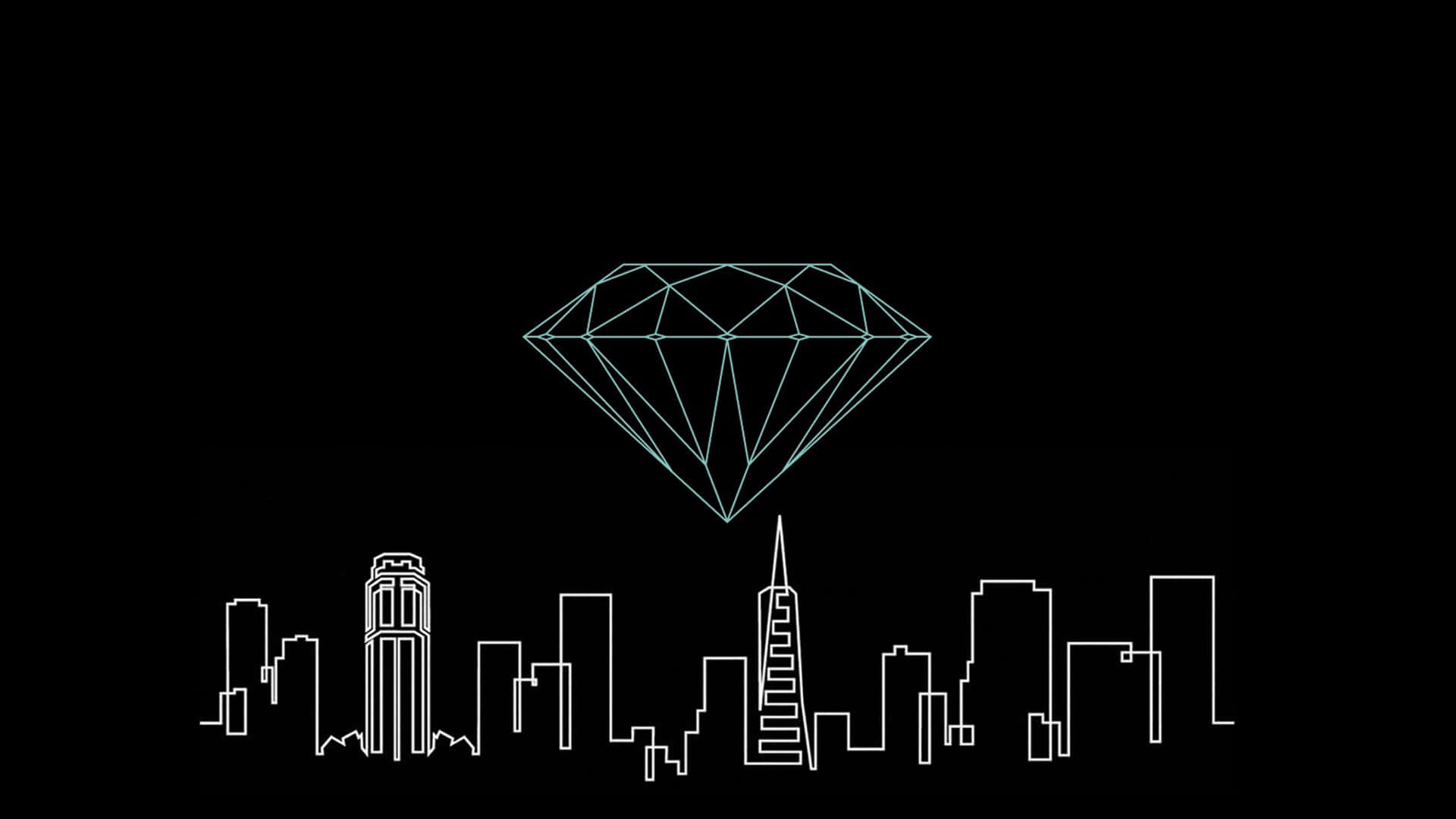 Diamond Aesthetic, geometric diamond, minimalist white line-art city skyline, Full HD Desktop Wallpaper