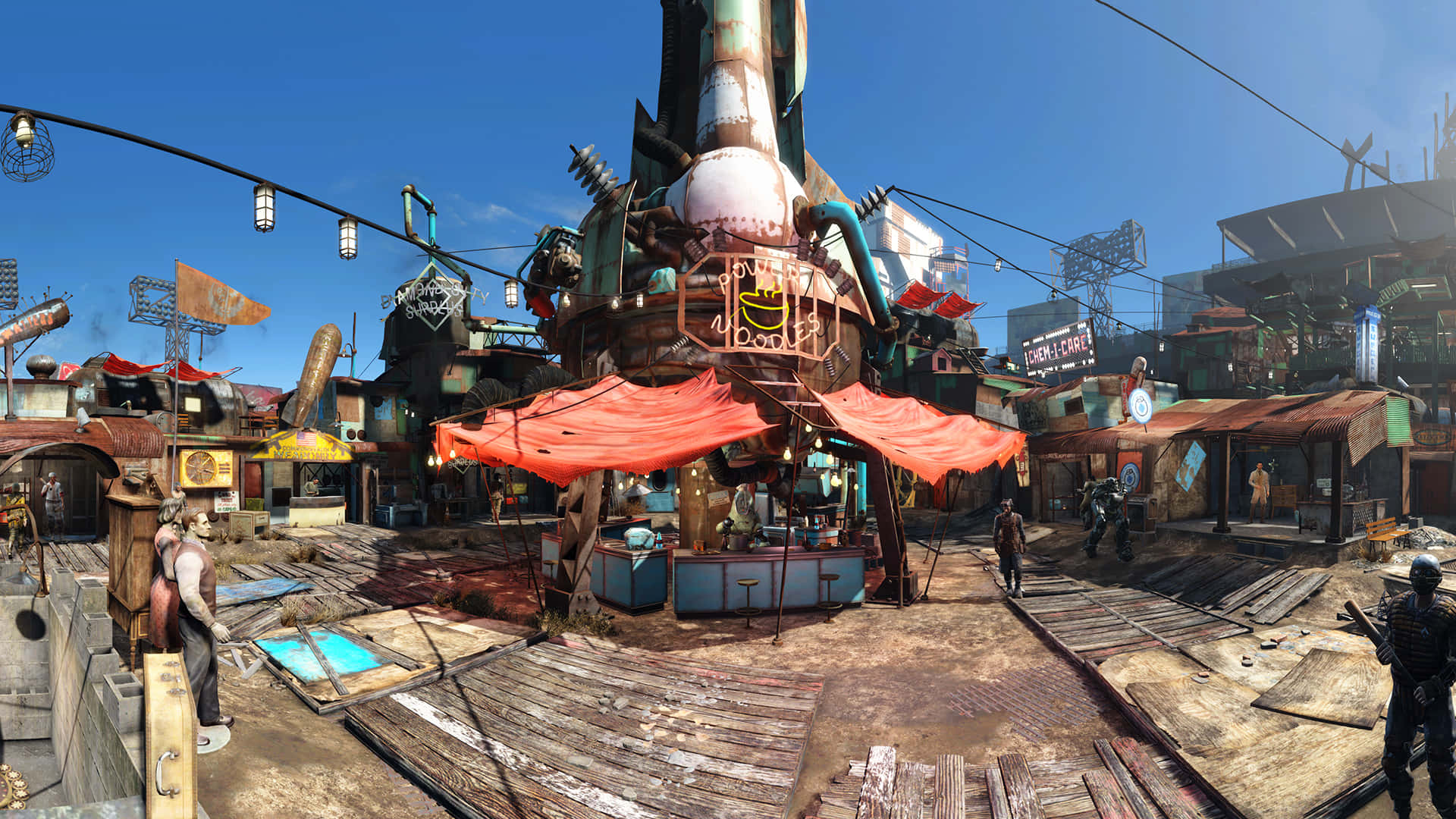 Diamond City, night, post-apocalyptic marketplace, Full HD Desktop Wallpaper