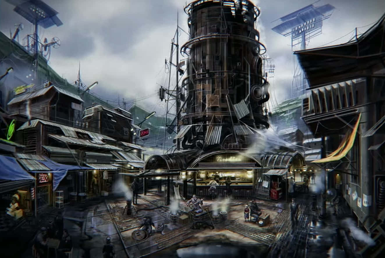Diamond City, steampunk alleyway, towering industrial machinery, HD Desktop Wallpaper
