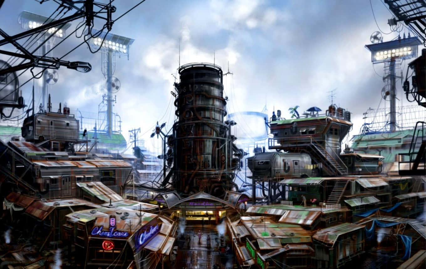 Diamond City, dystopian steampunk cityscape, rusted metal structures, HD Desktop Wallpaper