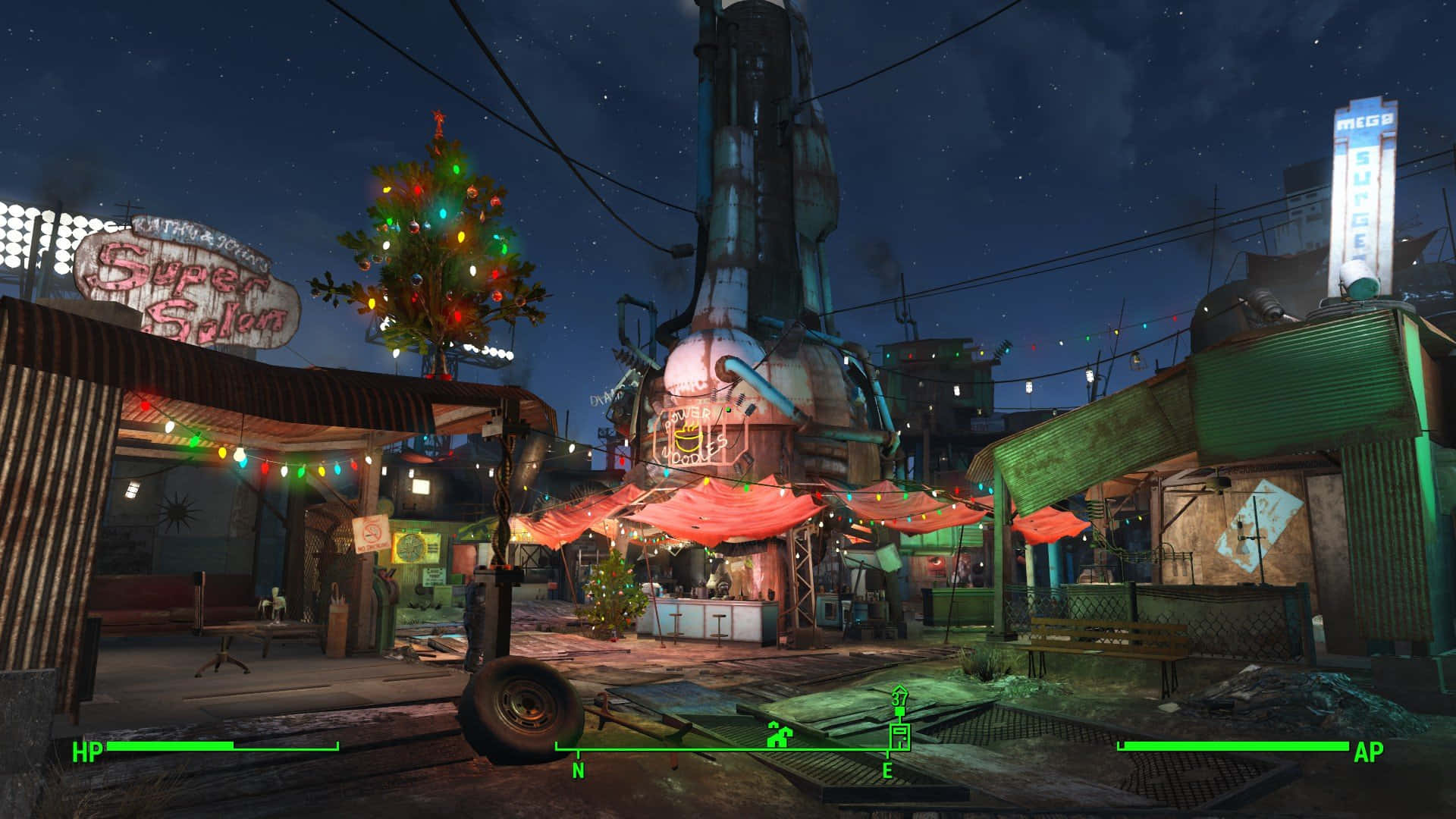 Diamond City, night, neon-lit, Full HD Desktop Wallpaper