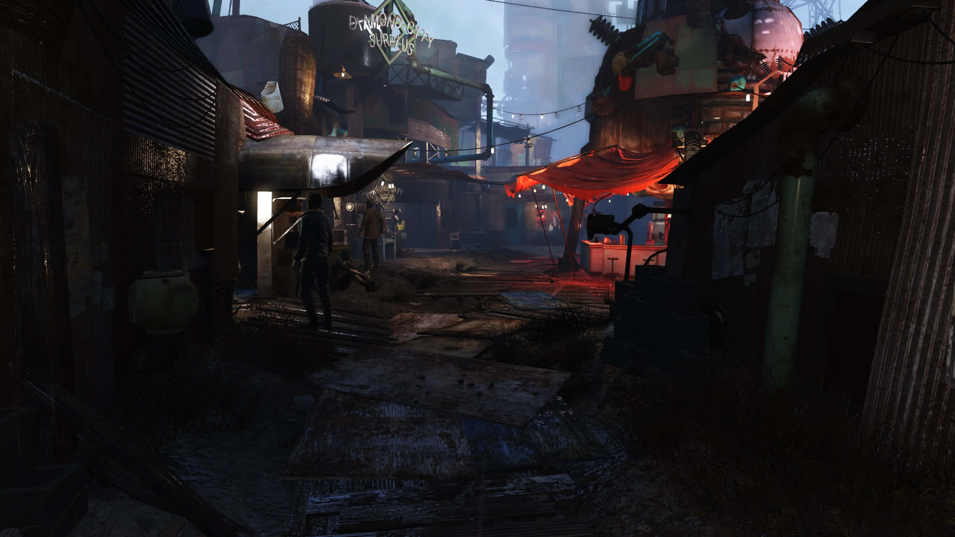 Diamond City, neon signs, rain-slicked pavement, Full HD Desktop Wallpaper