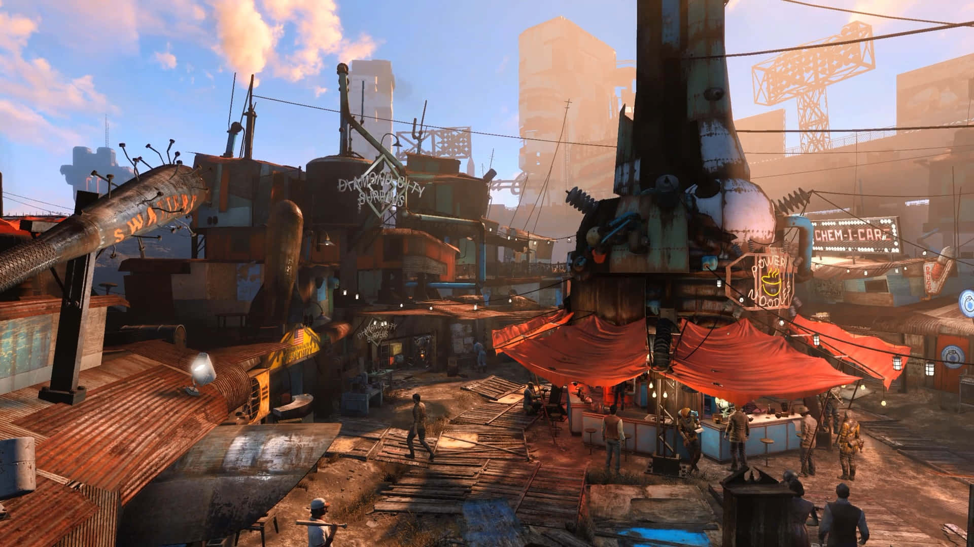 Diamond City, post-apocalyptic marketplace, rusted metal structures, Full HD Desktop Wallpaper