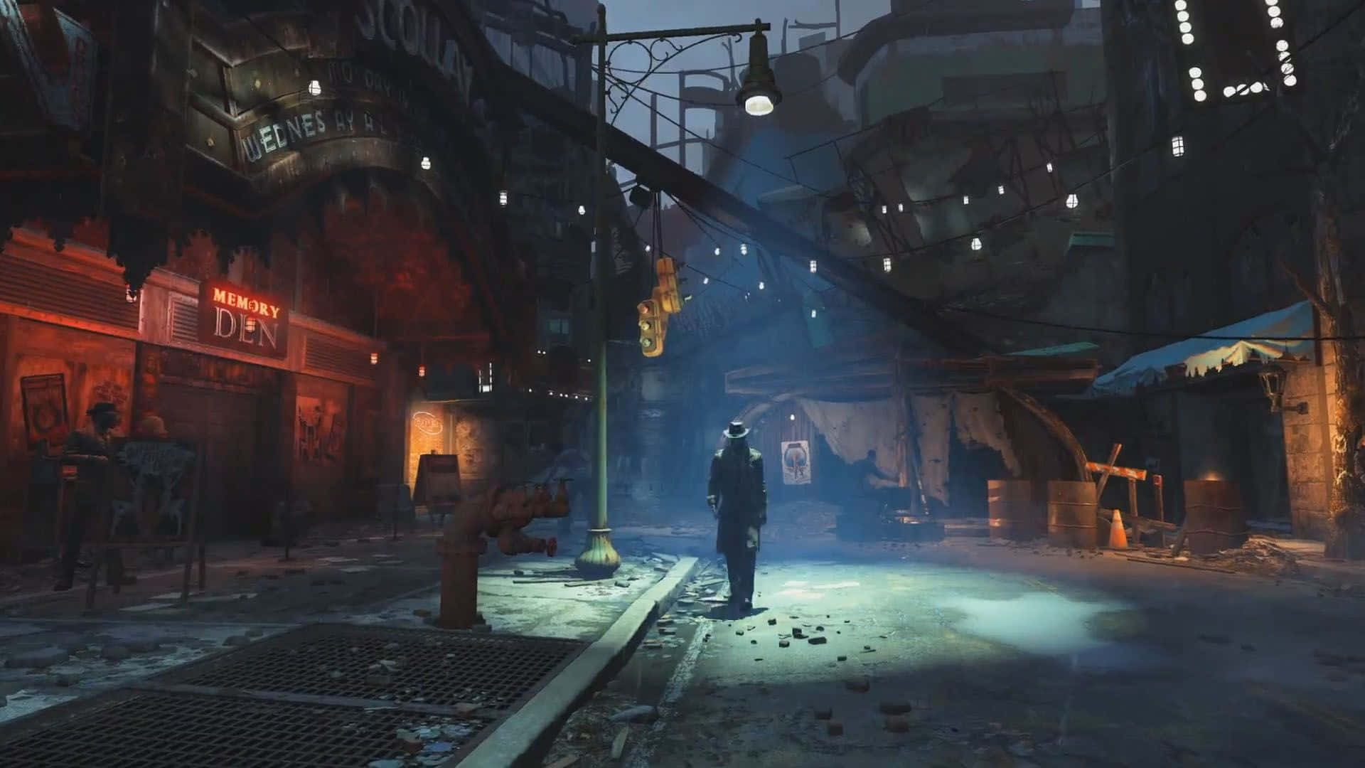 Diamond City, neon-lit alleyway, foggy, Full HD Desktop Wallpaper