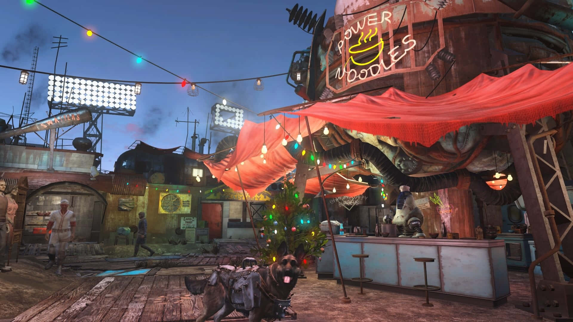 Diamond City, power noodles, neon sign, Full HD Desktop Wallpaper