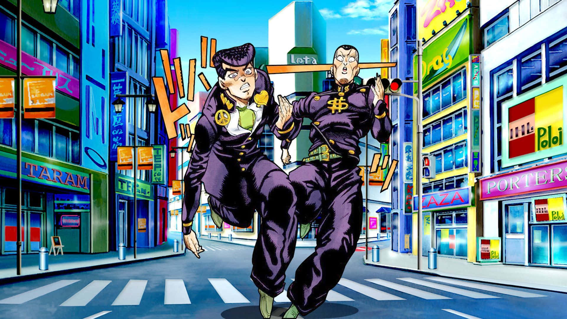 Diamond Is Unbreakable, purple suits, neon-lit city street, Full HD Desktop Wallpaper