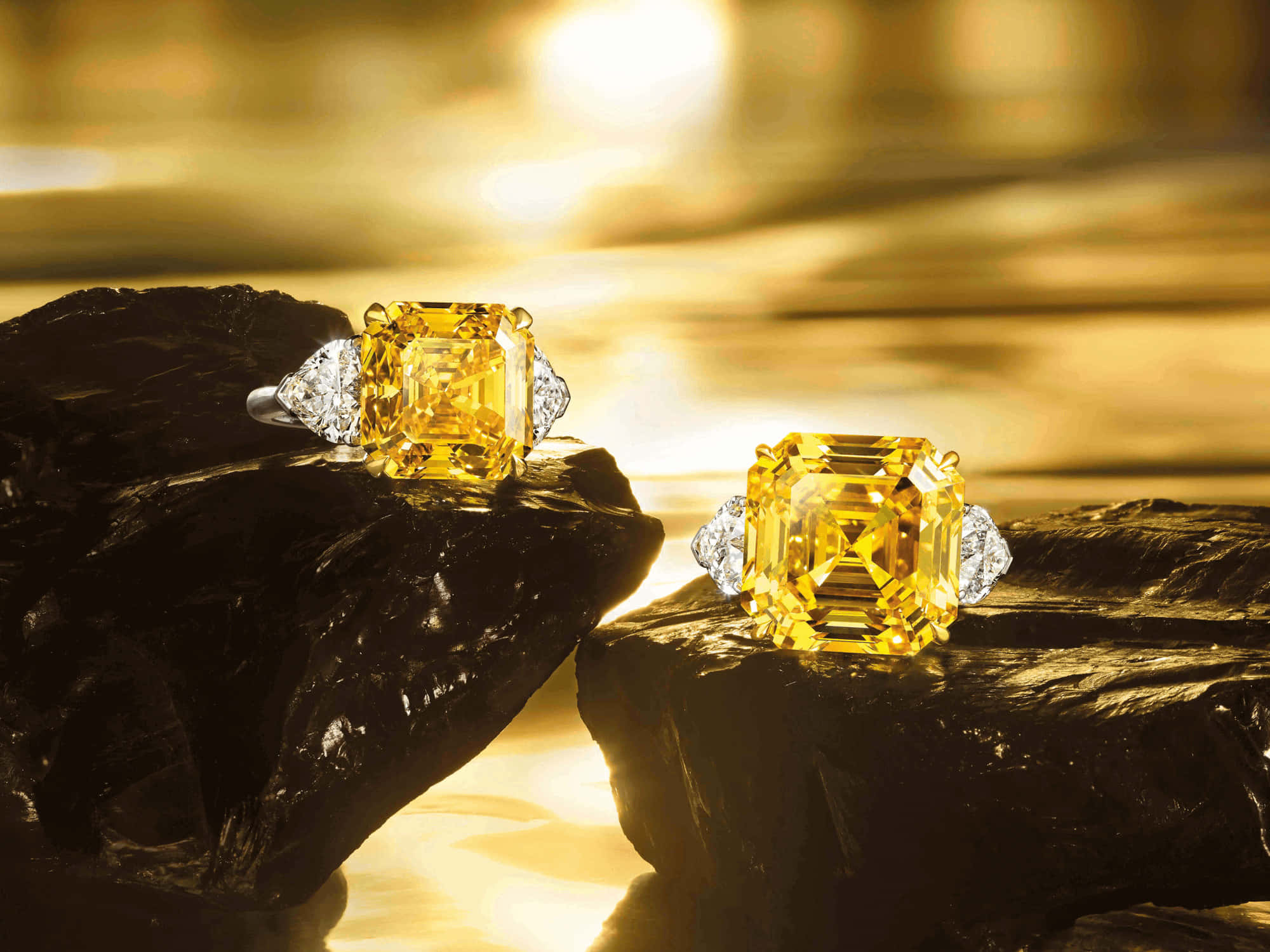 yellow diamond, black background, golden watery backdrop, Full HD Desktop Wallpaper