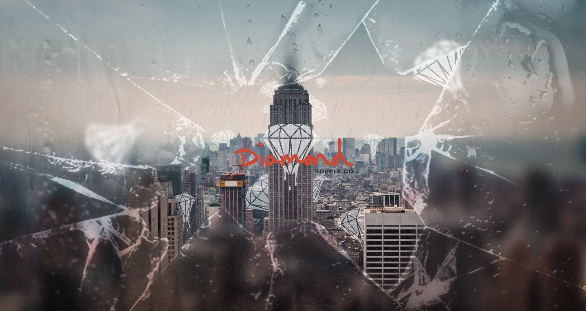 Diamond Supply Co, cracked and water-streaked window, rainy cityscape, Full HD Desktop Wallpaper
