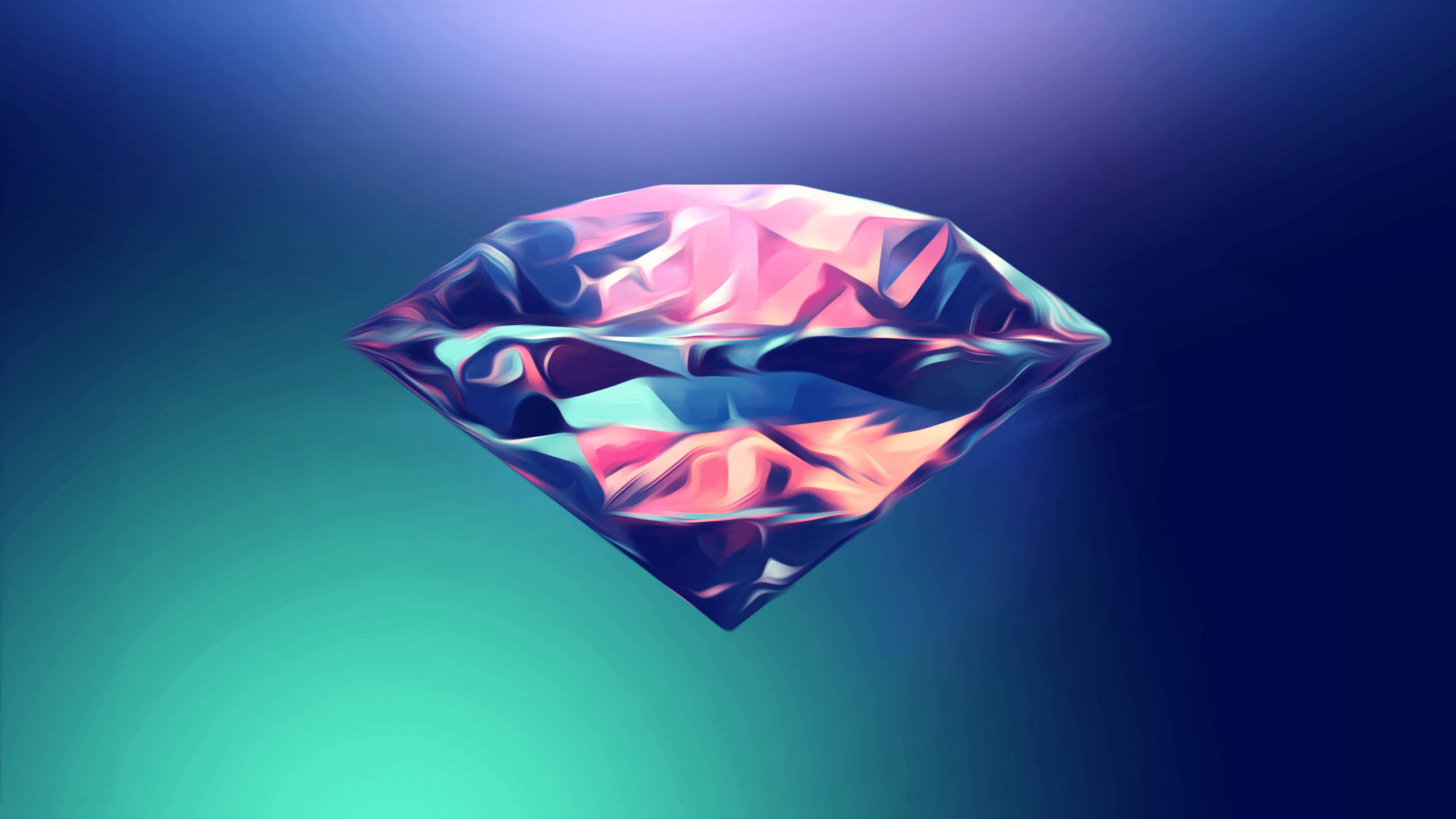blue pink abstract diamond, glowing multicolored diamond, gradient blue and teal background, 2K Desktop Wallpaper