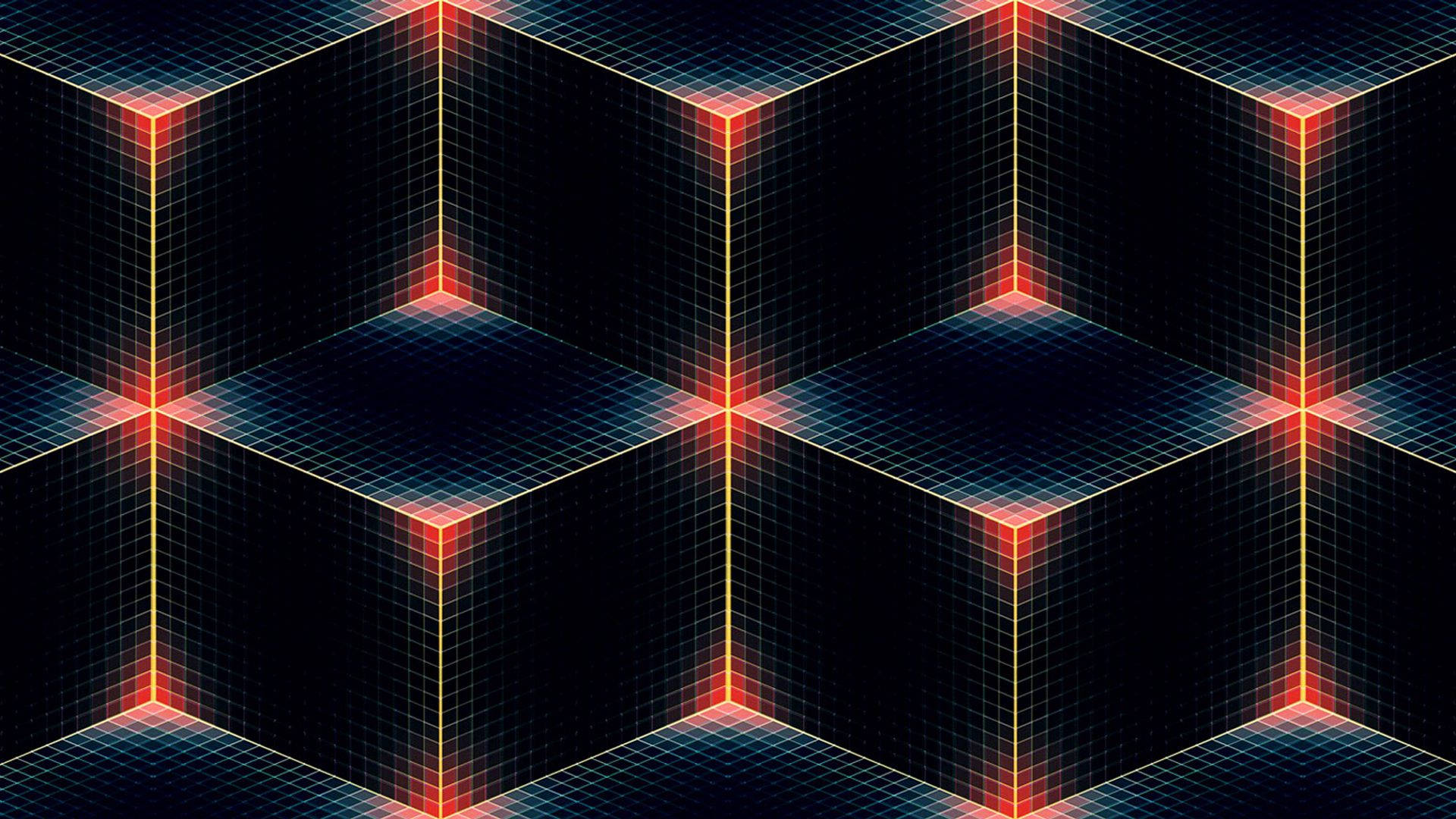 Dark Diamond Cubes Pattern, neon grid cubes, red and cyan light, Full HD Desktop Wallpaper