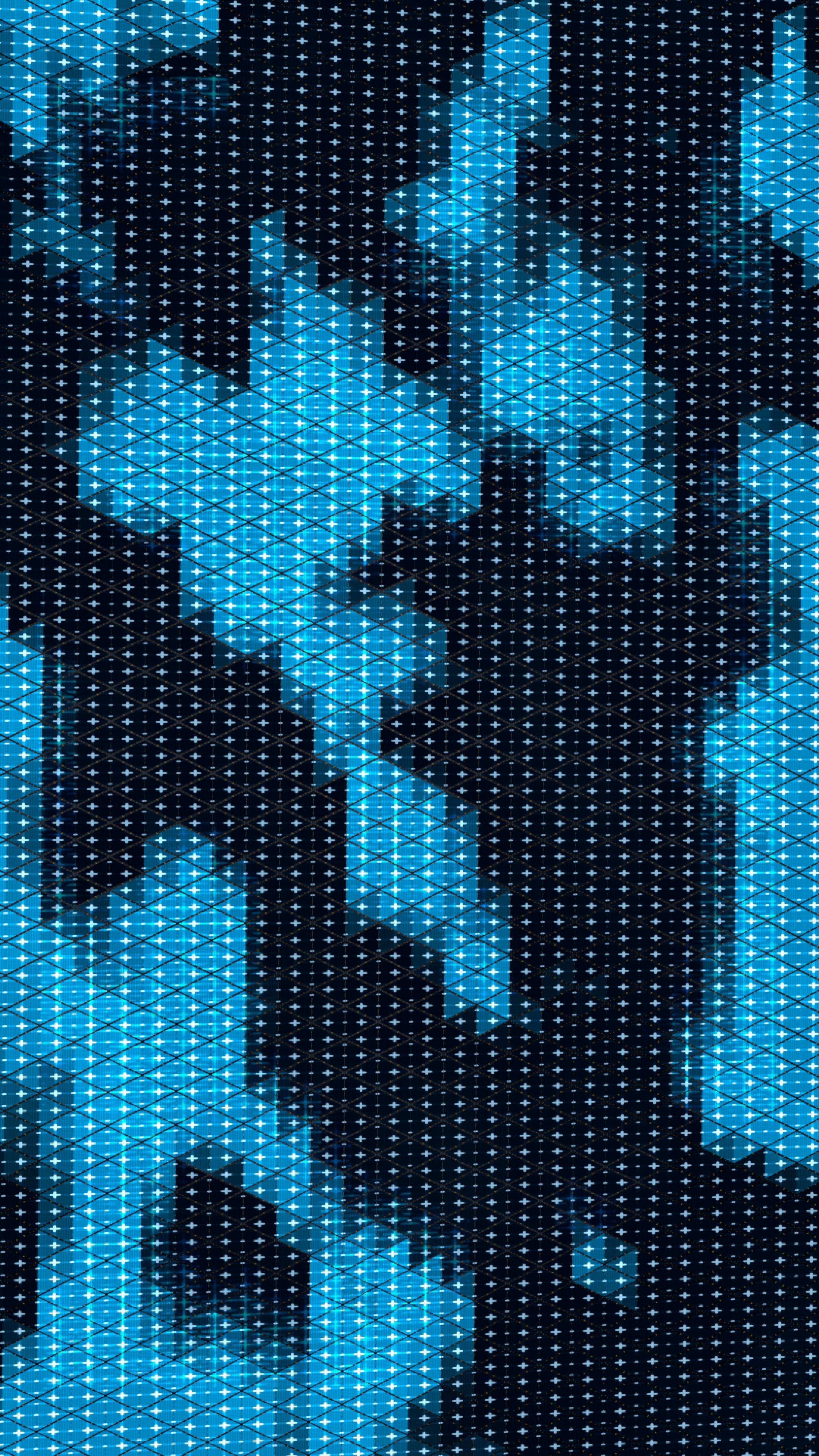 blue diamond grid pattern, glowing blue pixelated shapes, dark grid background, 5K Phone Wallpaper