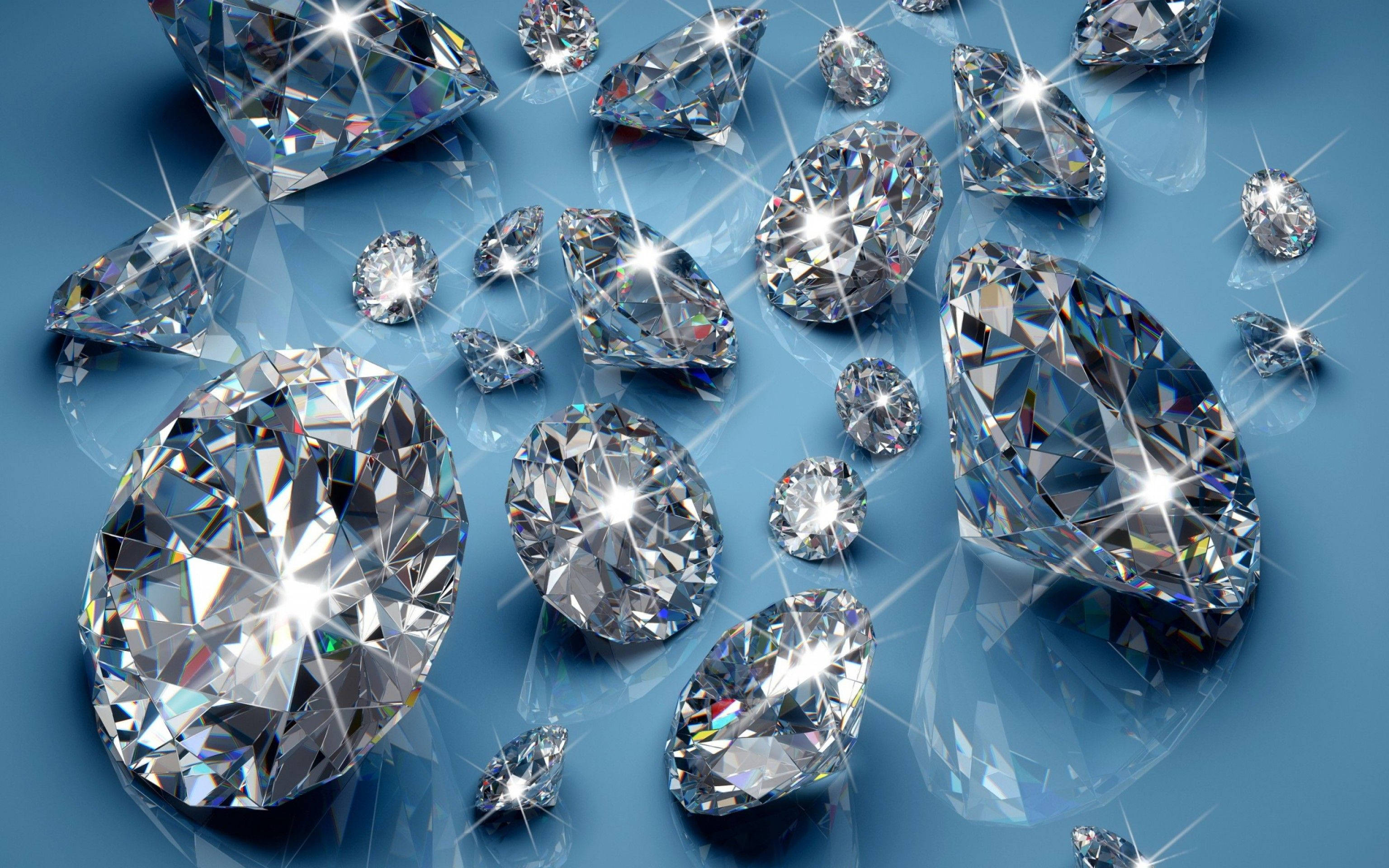 diamonds, blue reflective surface, starbursts, 2K Desktop Wallpaper