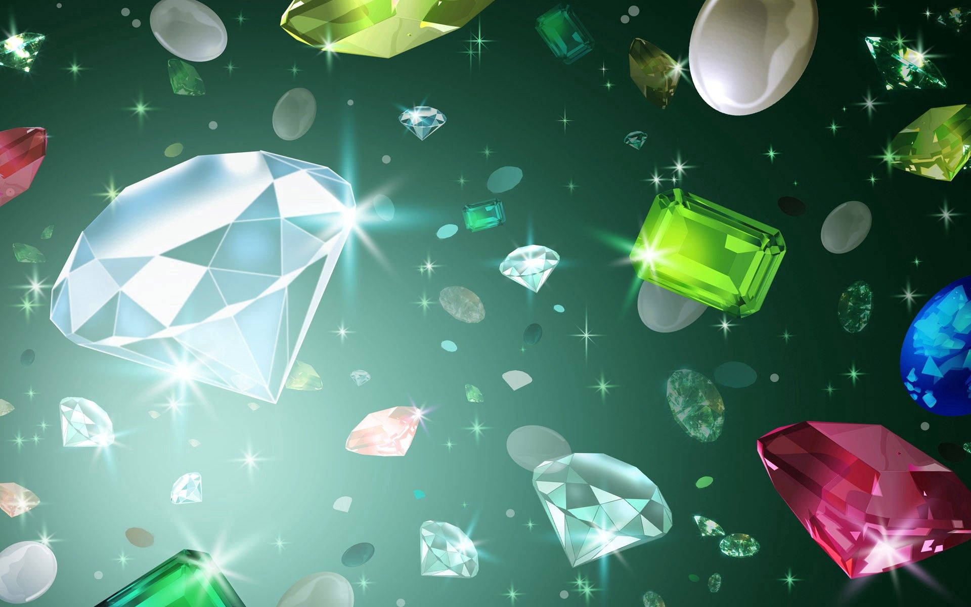 diamonds, gemstones, gradient green backdrop, Full HD Desktop Wallpaper