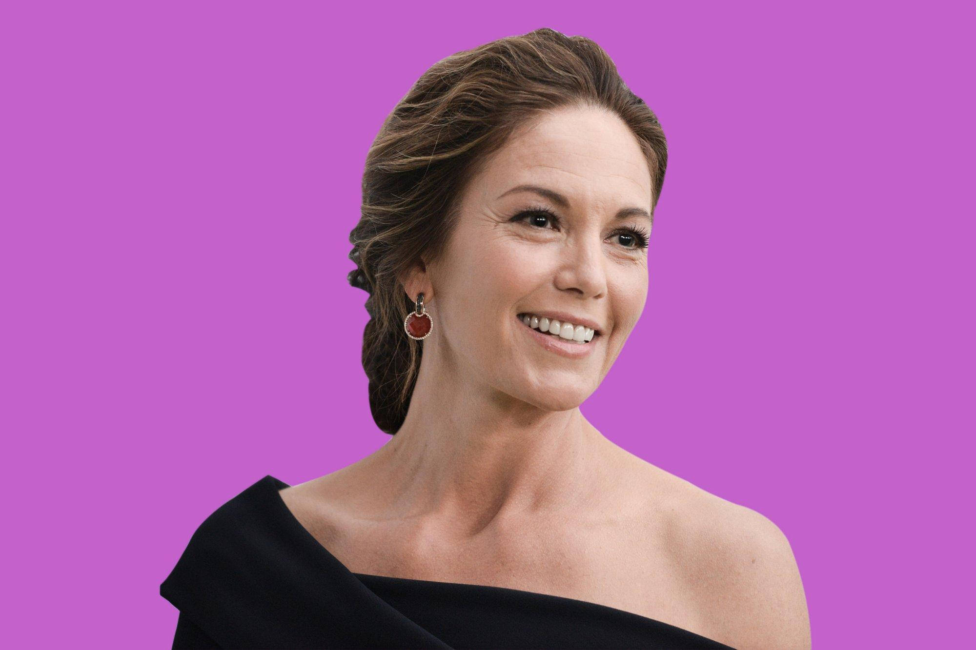 Diane Lane, black off-shoulder top, vibrant purple background, Full HD Desktop Wallpaper