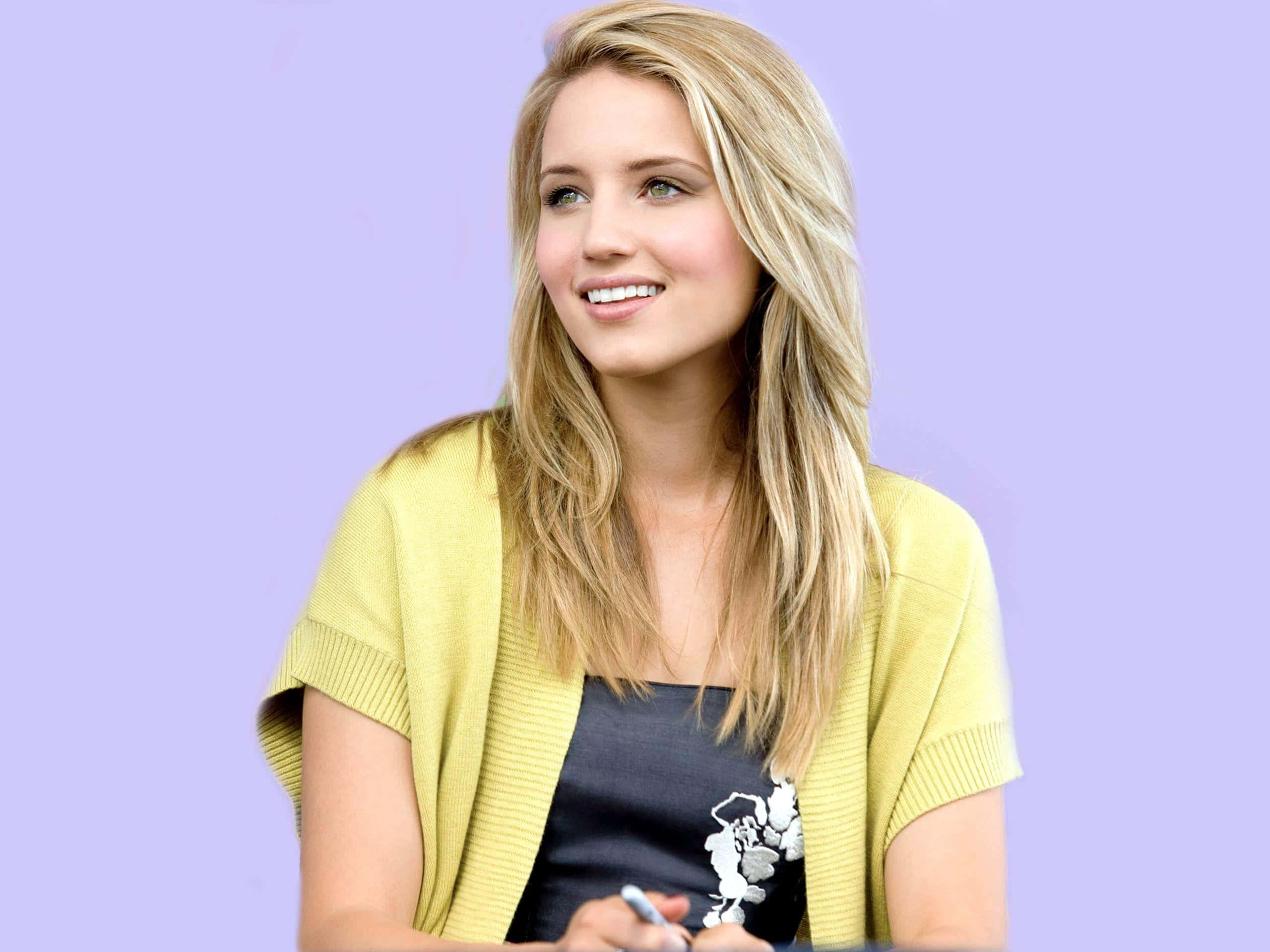 Dianna Agron, yellow cardigan, soft lavender background, 2K Desktop Wallpaper