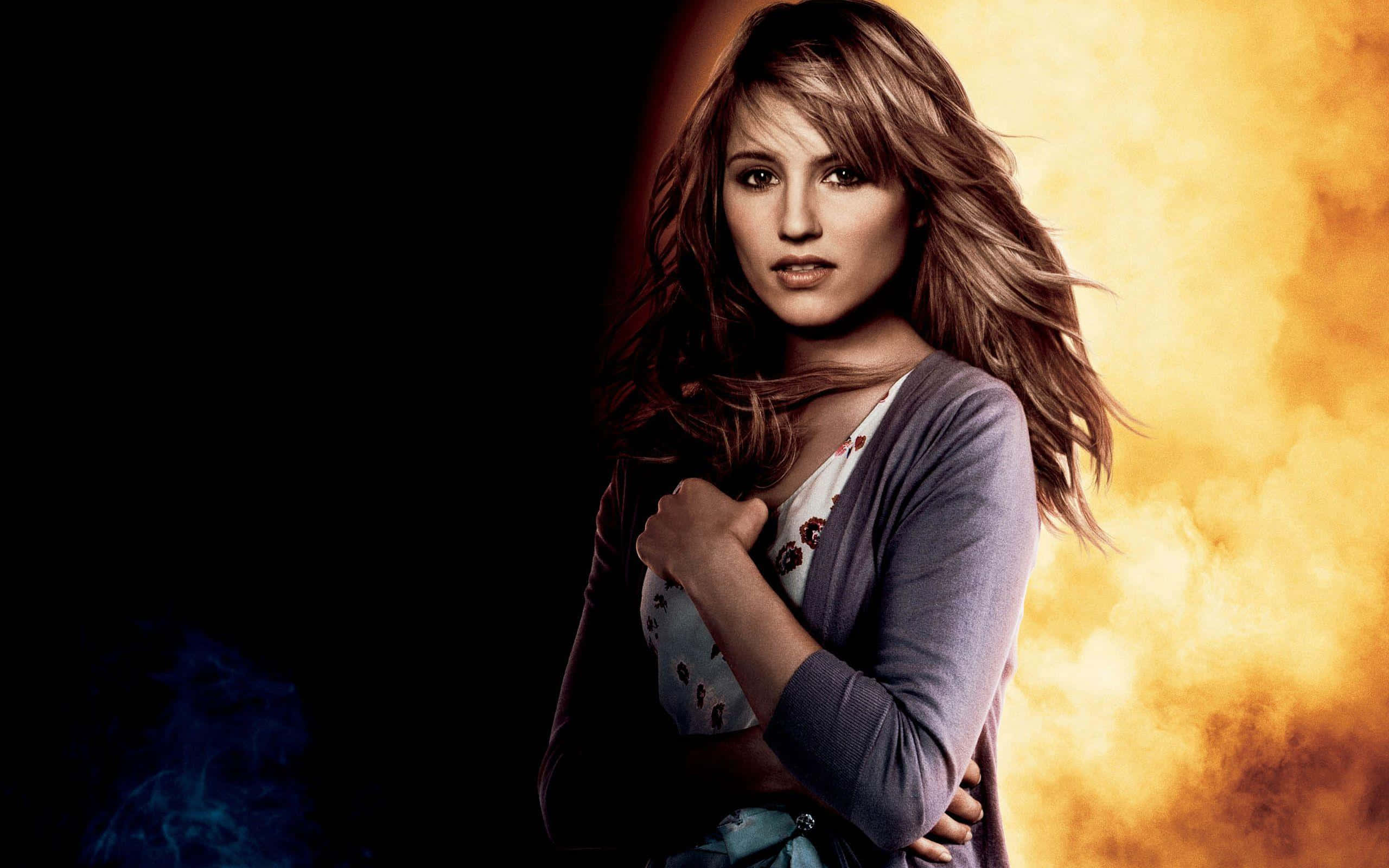 Dianna Agron, green gown, fiery orange, 2K Desktop Wallpaper