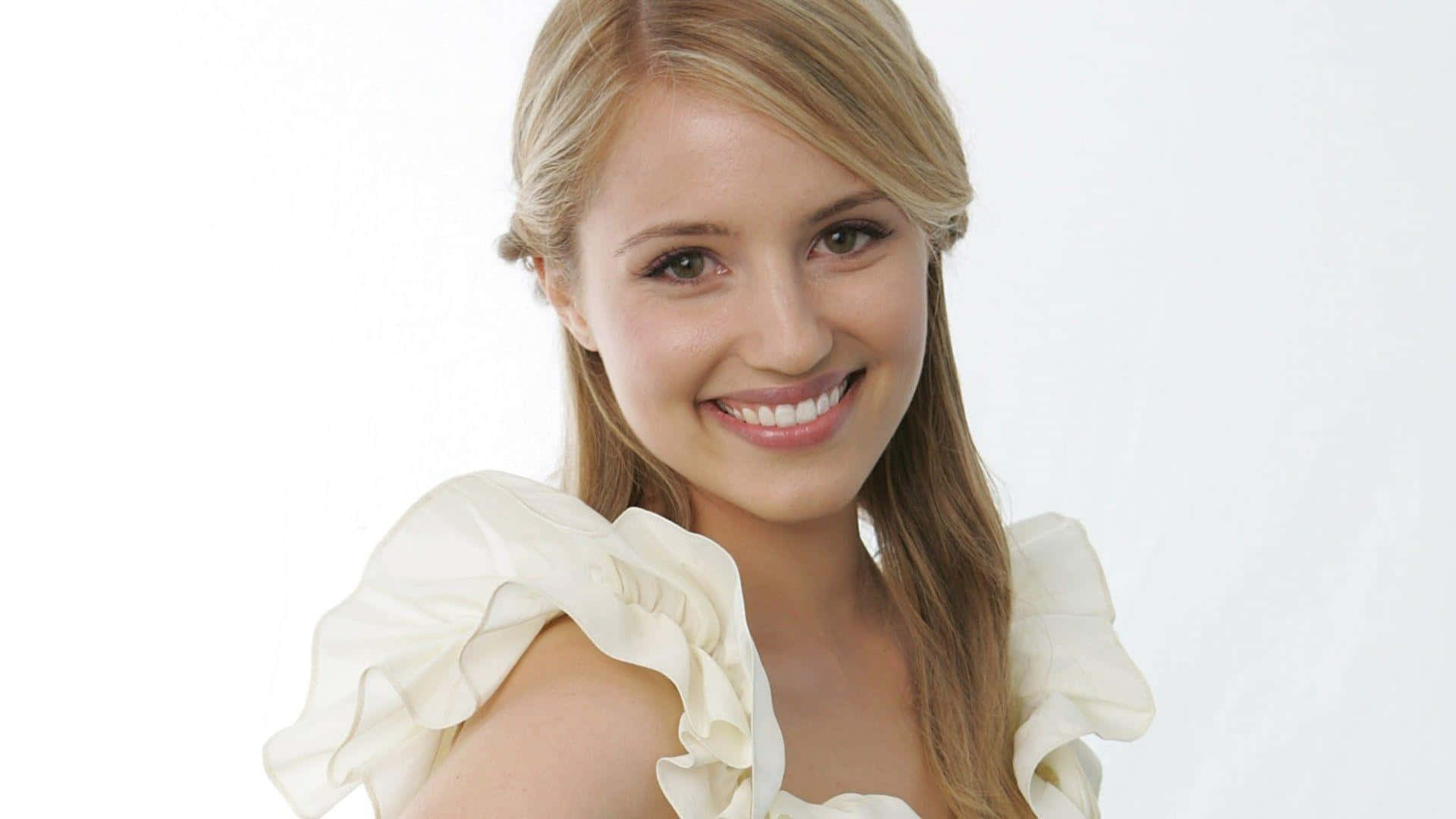 Dianna Agron, cream ruffled top, plain white background, Full HD Desktop Wallpaper