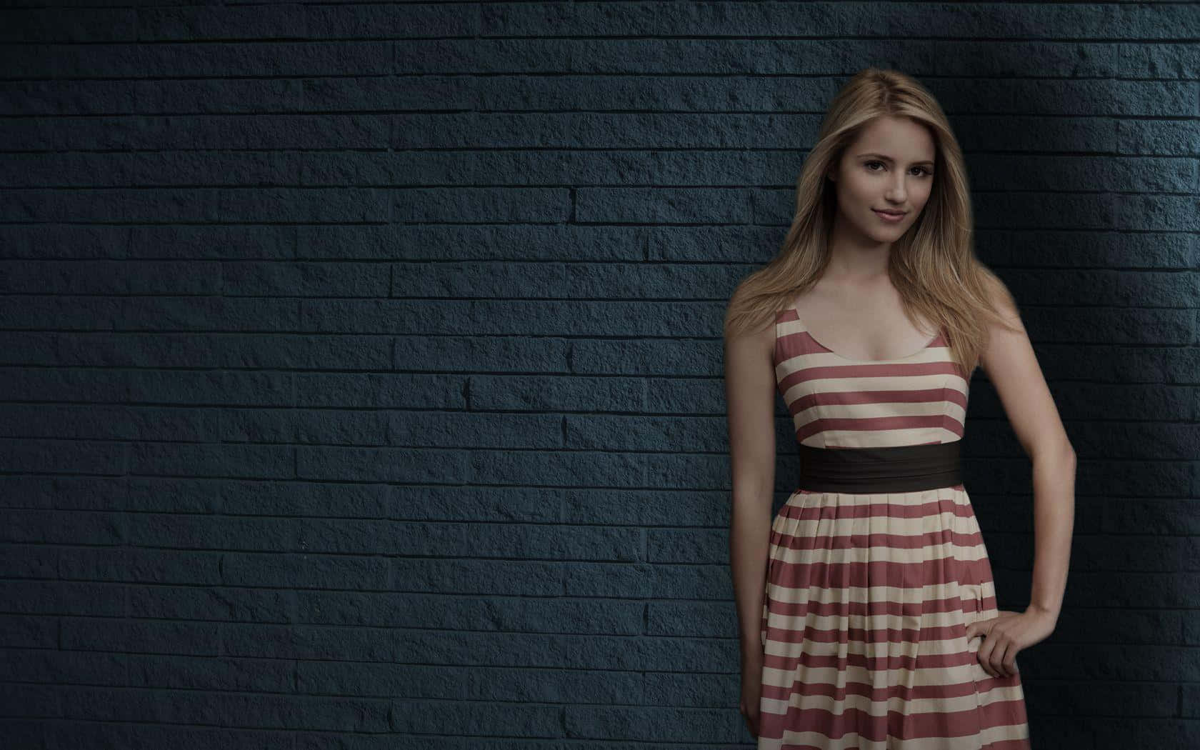 Dianna Agron, striped dress, dark textured brick wall, HD Desktop Wallpaper