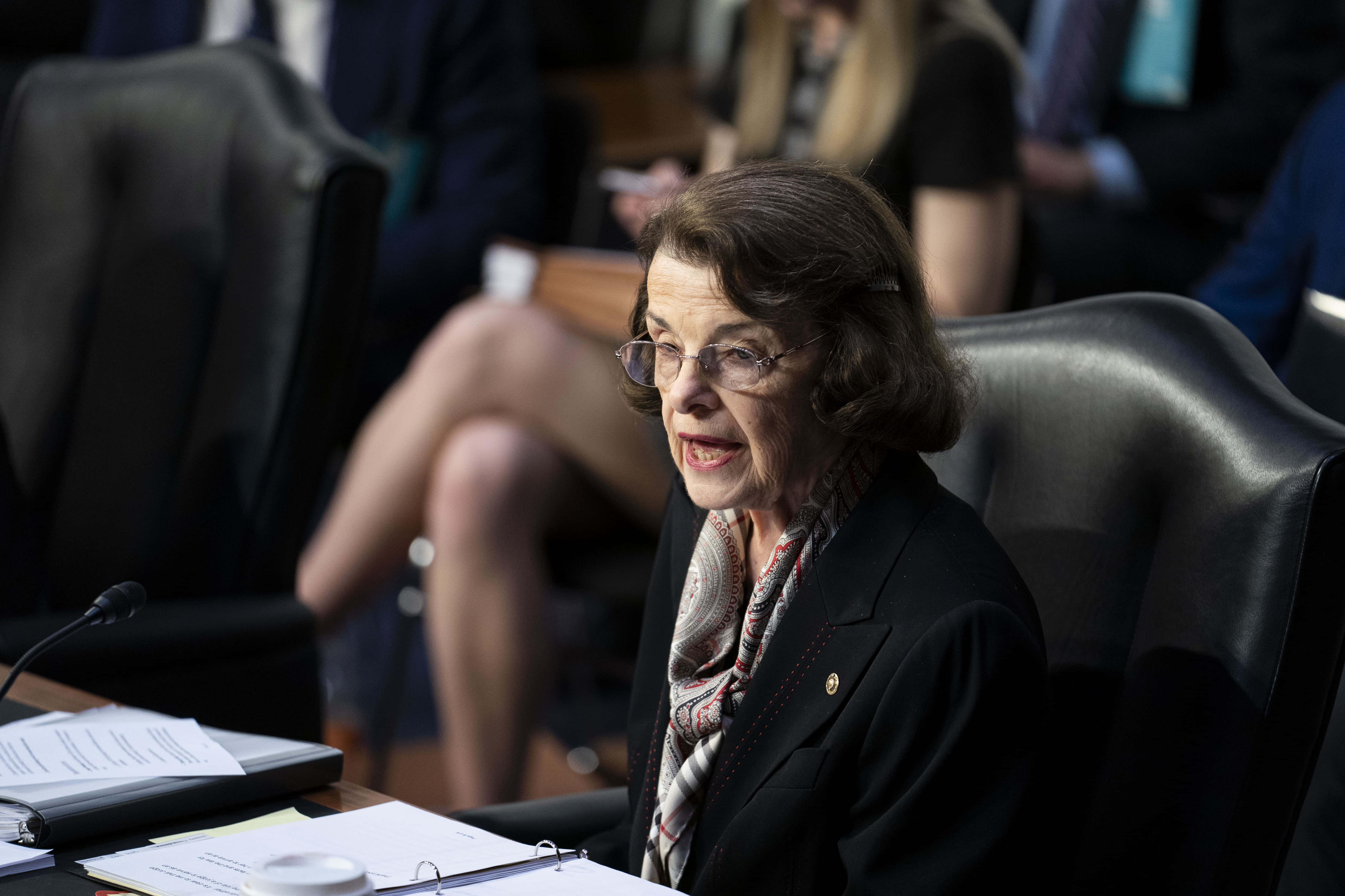Dianne Feinstein, microphone, black leather chair, 5K Desktop Wallpaper