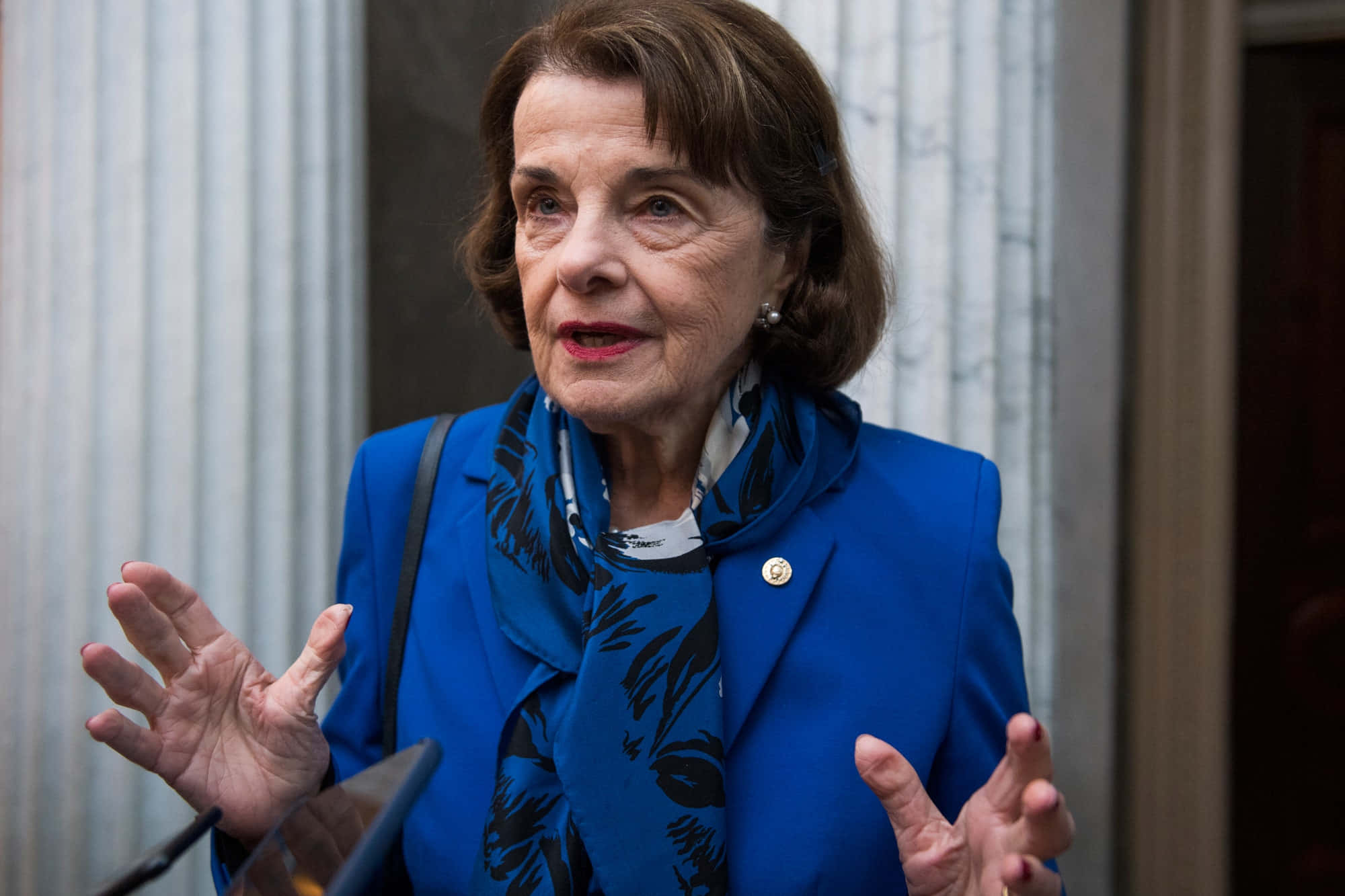 Dianne Feinstein, vibrant blue suit, patterned scarf, Full HD Desktop Wallpaper