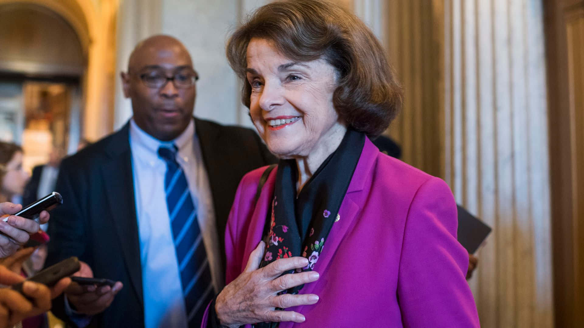 Dianne Feinstein, vibrant pink blazer, floral scarf, Full HD Desktop Wallpaper